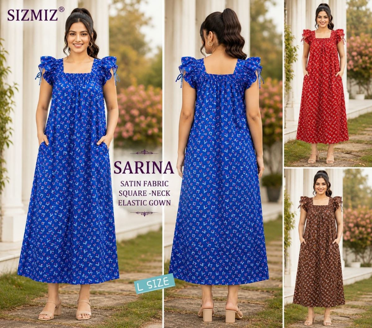 Sarina Women Satin Fabric Square Neck Night Gown