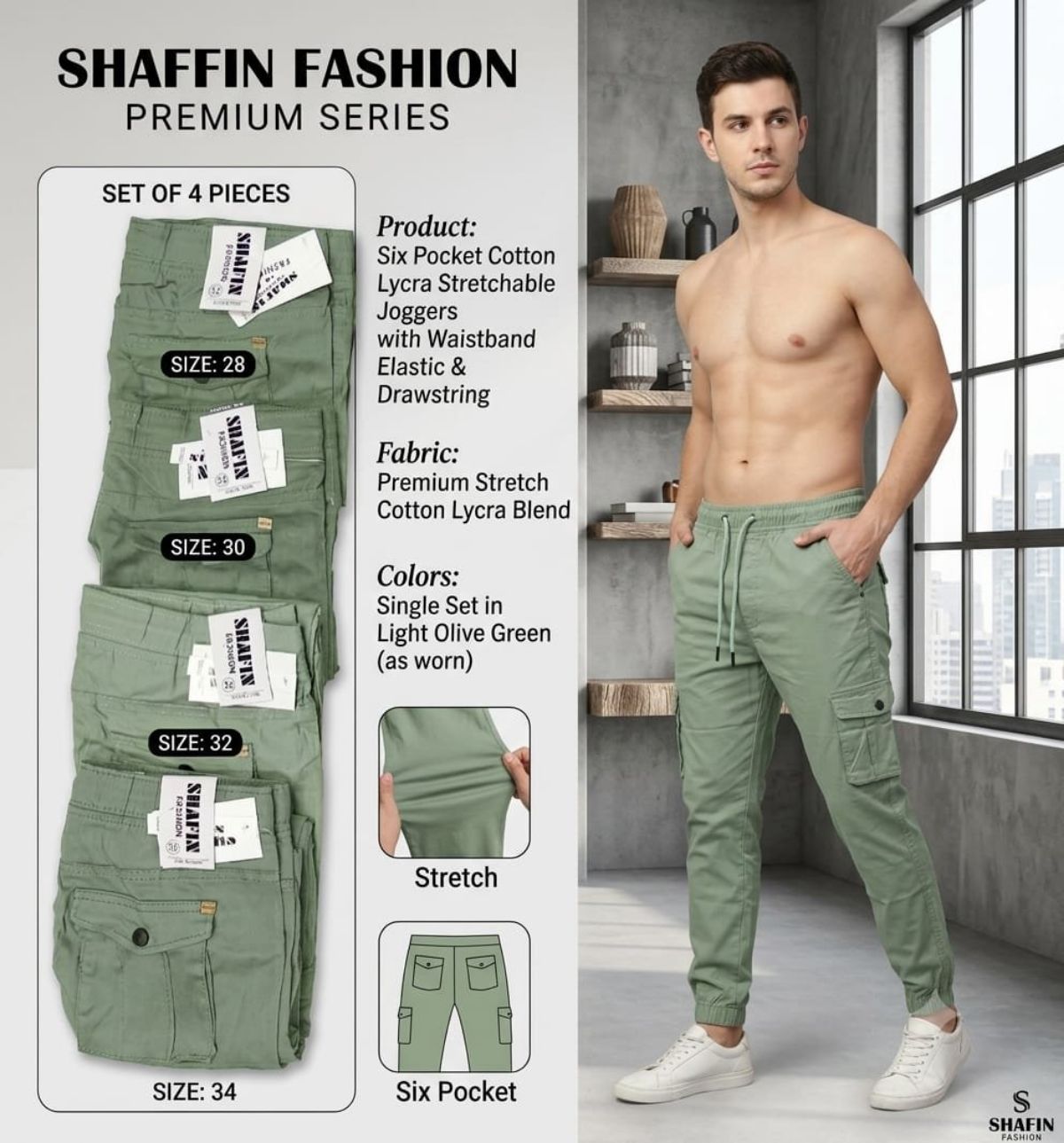 Shafin Men's Six Pockets Joggers Cargo