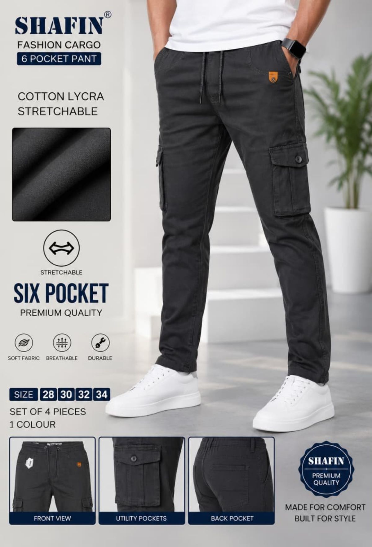 Shafin Men's Six Pockets Joggers Cargo without Elastic