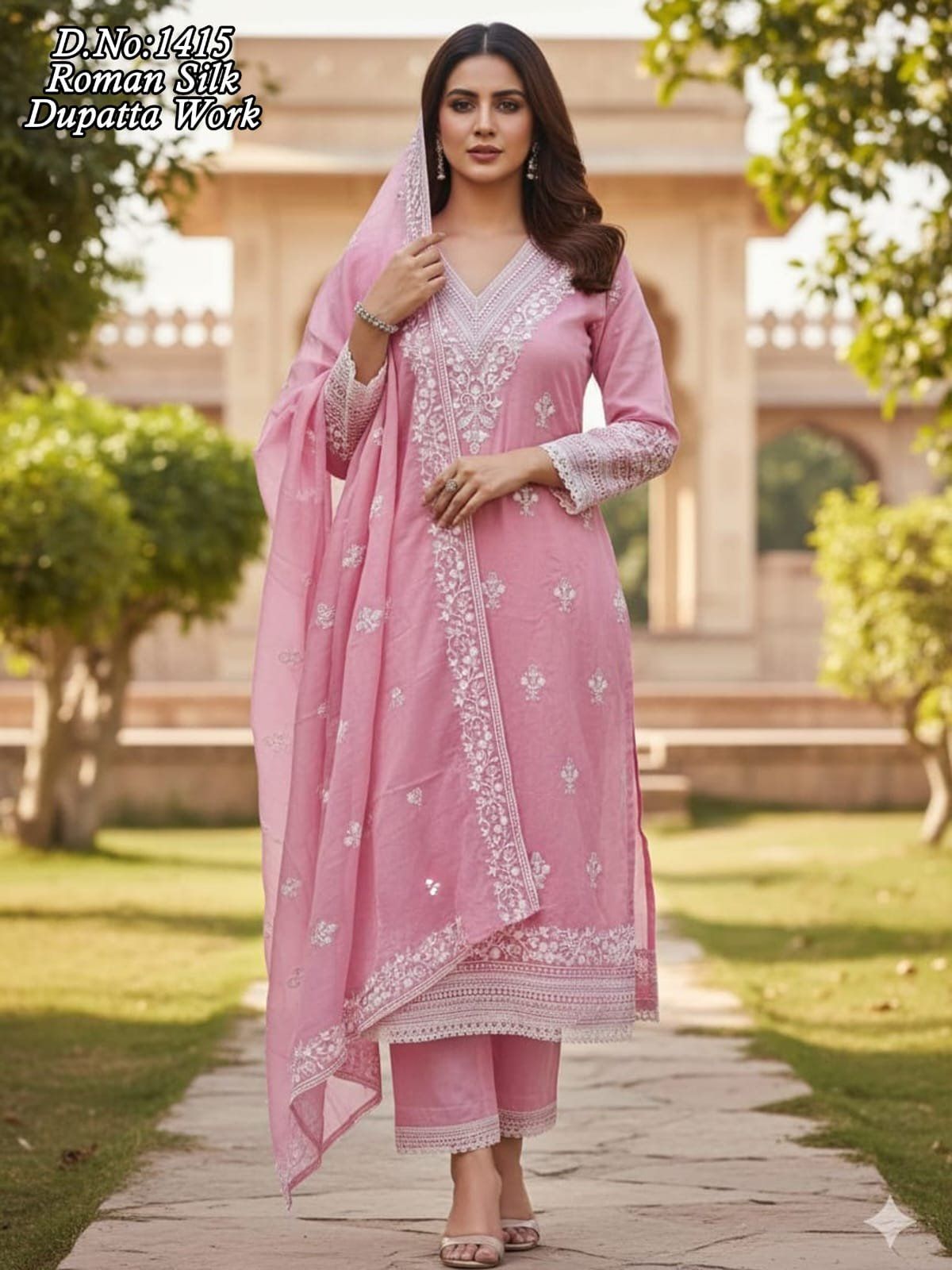 Women's Roman Silk Kurta Pant Set With Dupatta- 1415