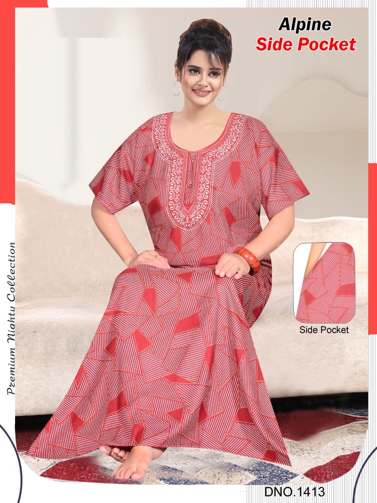 Women's Alpine Premium Nighties 2 Button with Long Fancy Embroidery