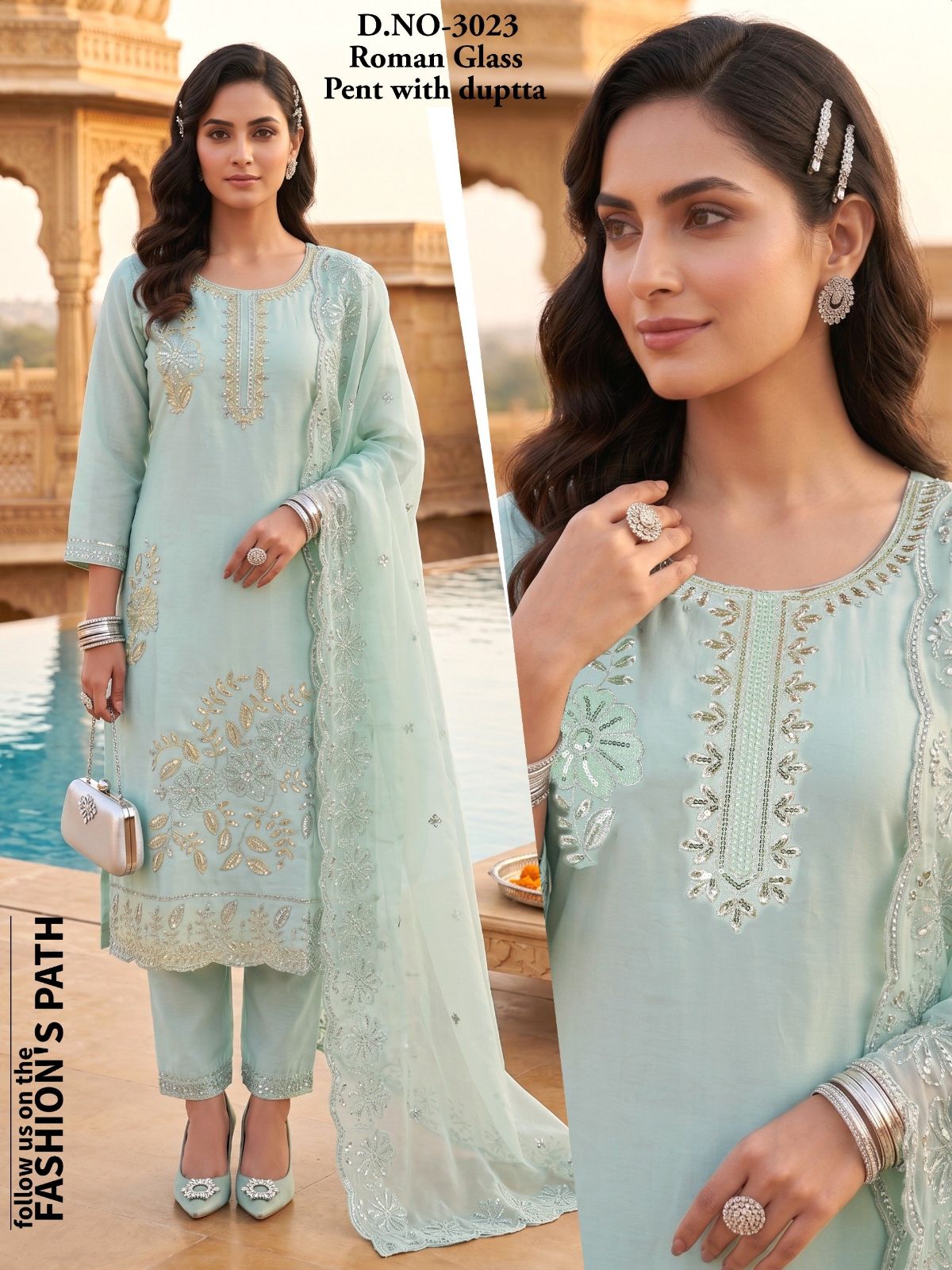 Women's Roman Silk Kurta Pant Set With Dupatta- 3023