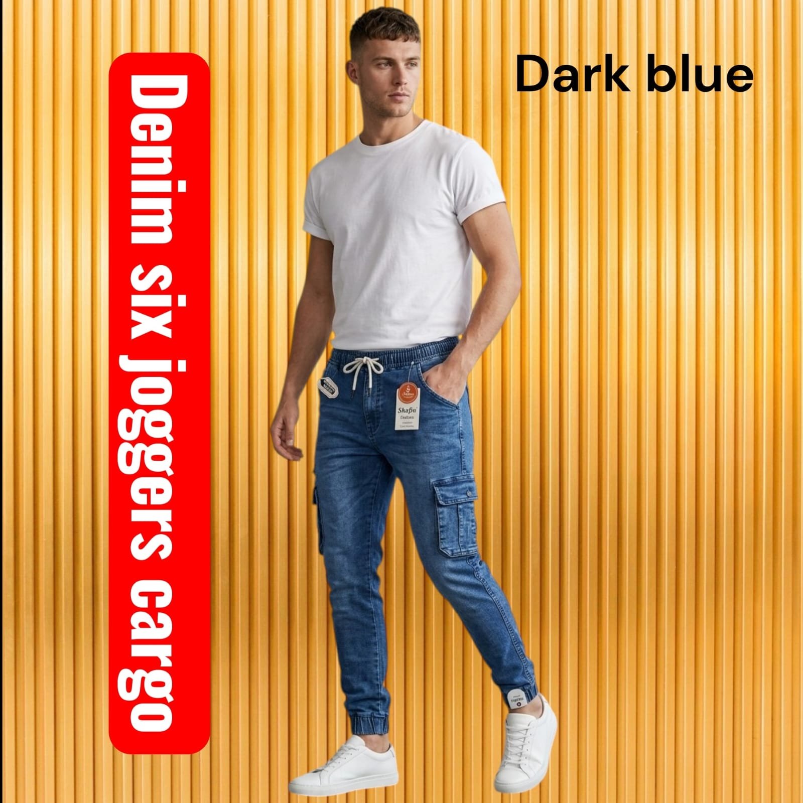 Shafin Men's Six Jogger Cargo Denim Jeans-Dark Blue (30-36)