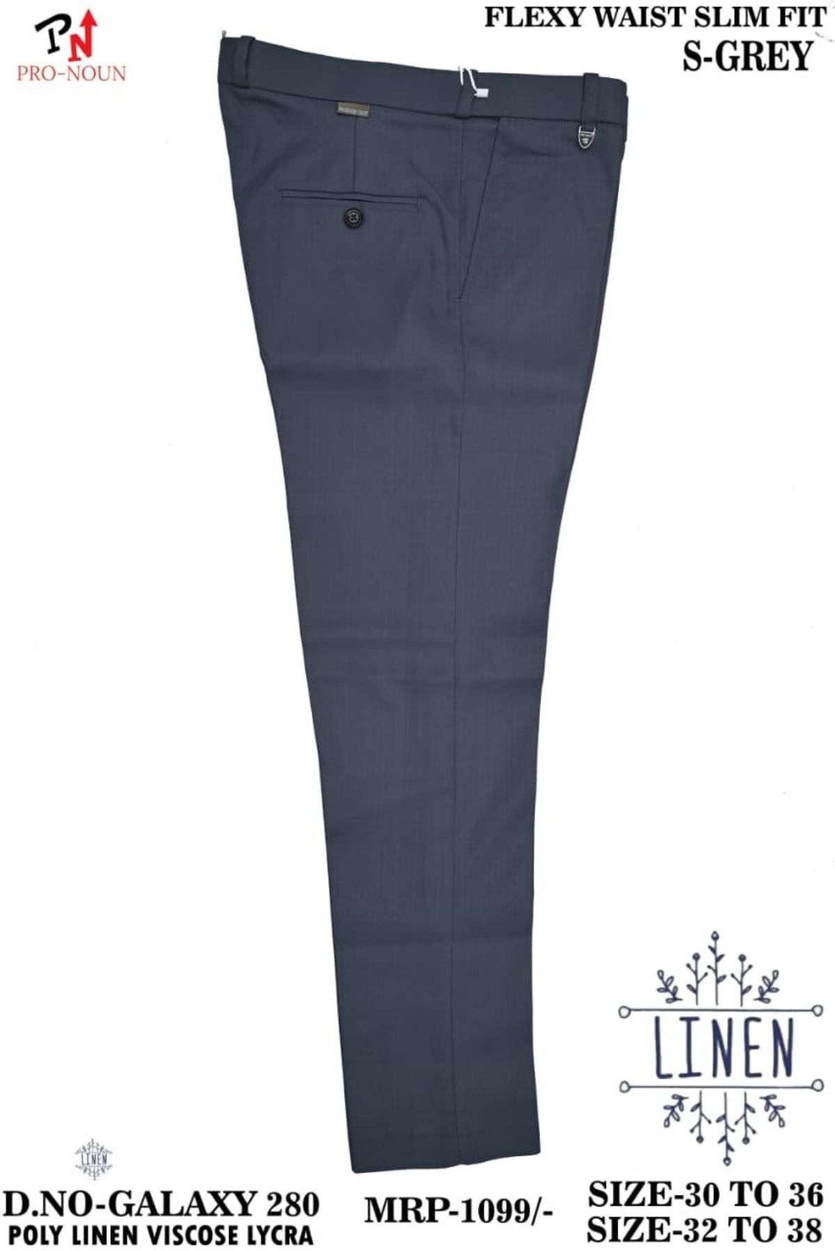 Pro-Noun Men's  Formal Trouser Pants With Adjustable belt D No- Galaxy-280-(30-36)- S Grey