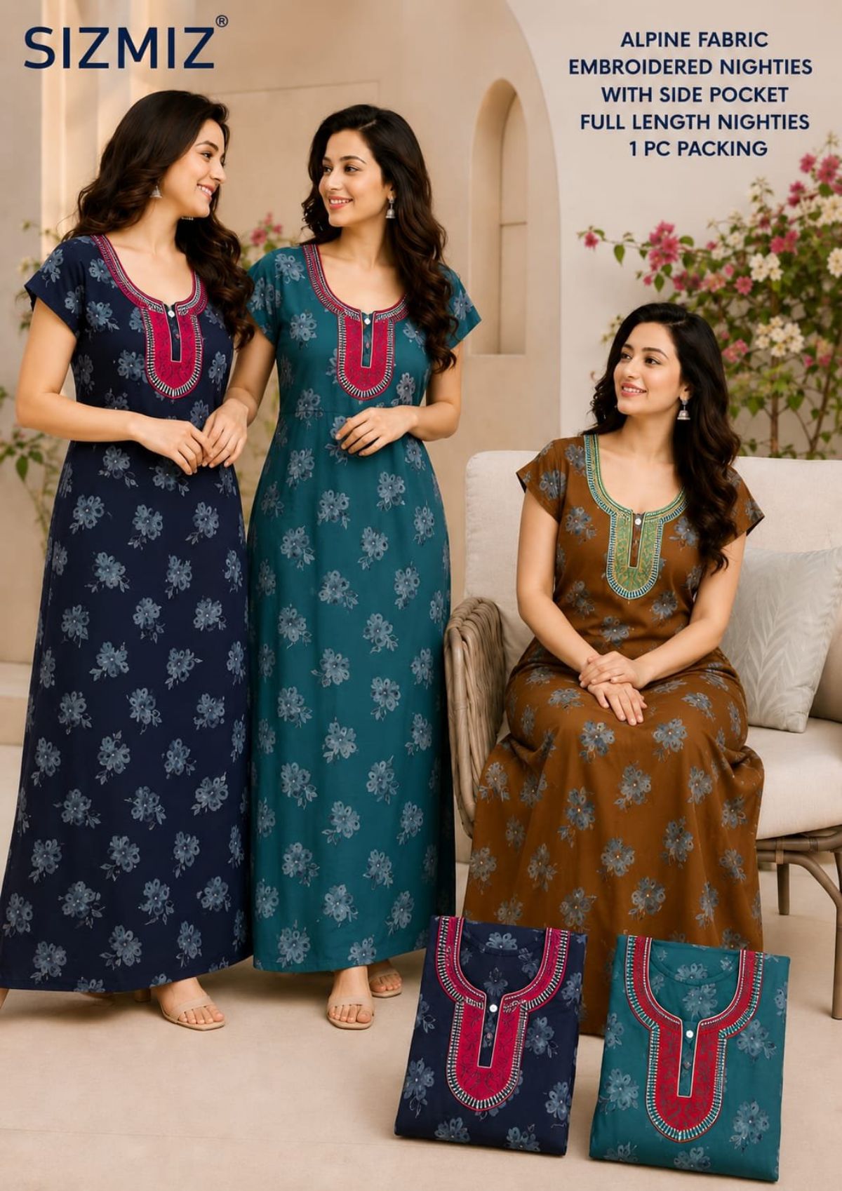 Women Alpine Nighties Superior Fabric with two button embroidered and side pocket