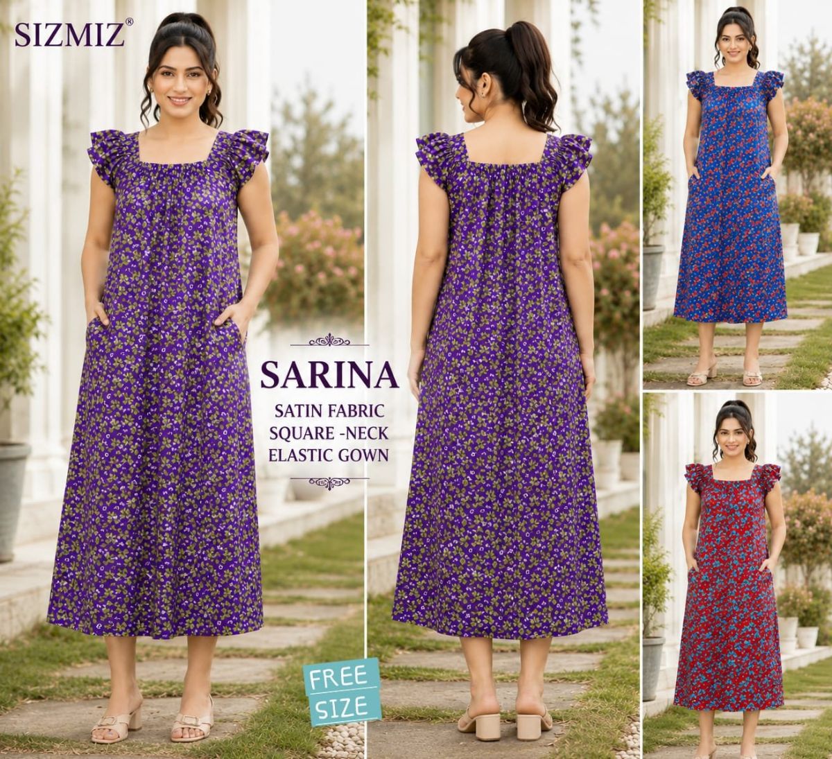 Sarina Women Satin Fabric Square Neck Night Gown -Free Size
