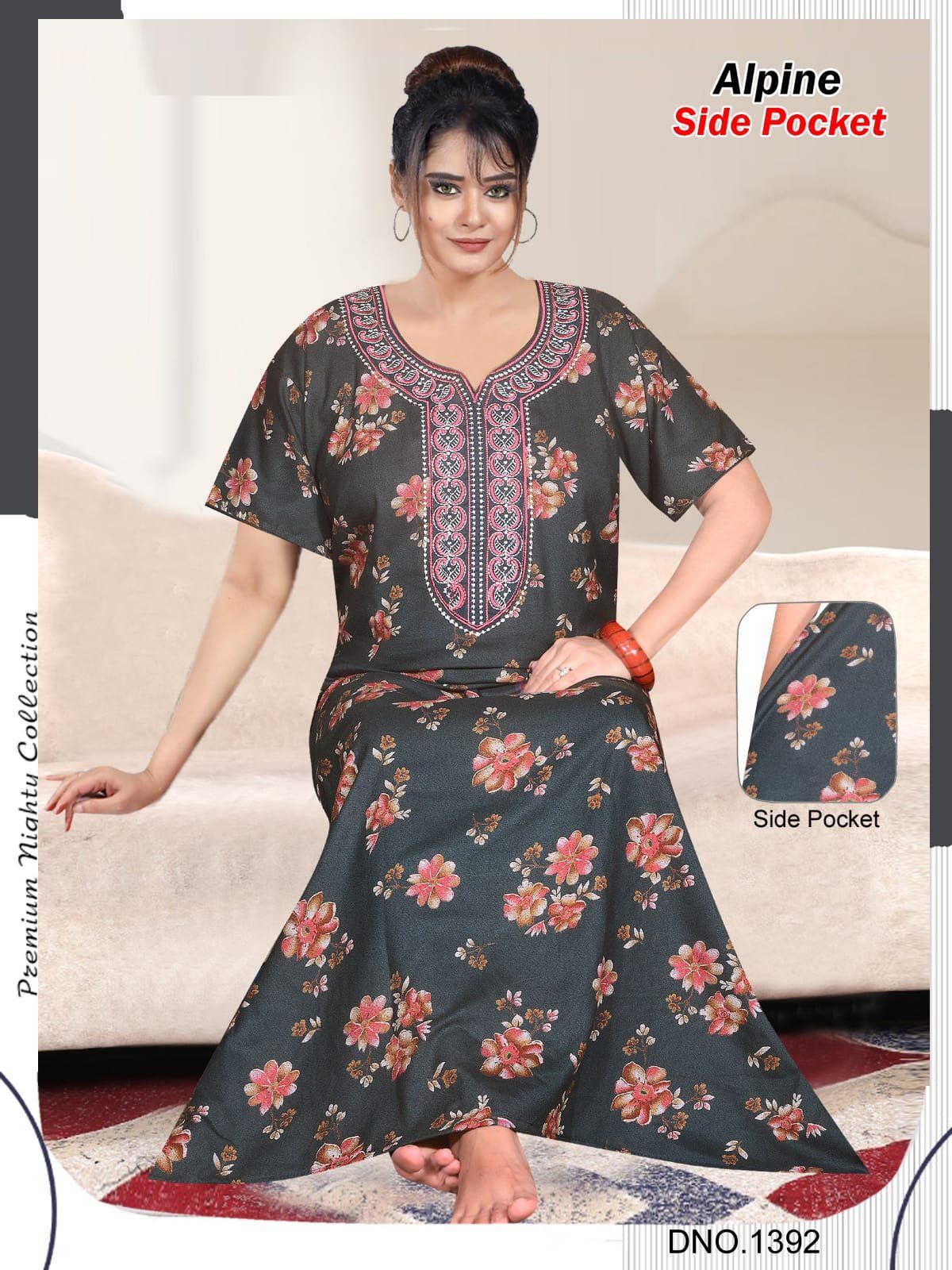 Women's Alpine Premium Nighties Fancy Long Embroidery Pattern with side pocket