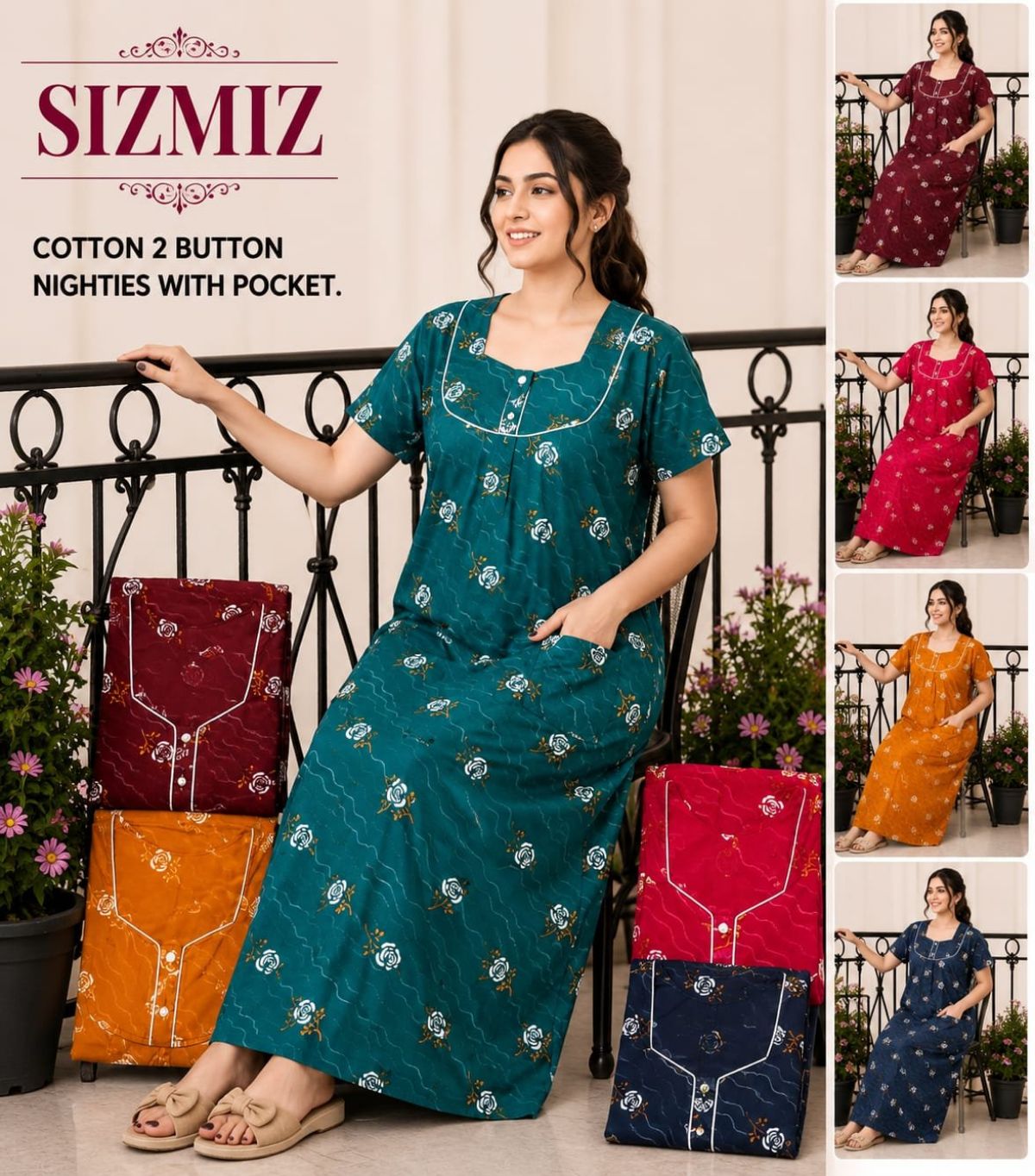 Women Pure Cotton Night Gown With Two Button -Sadhna