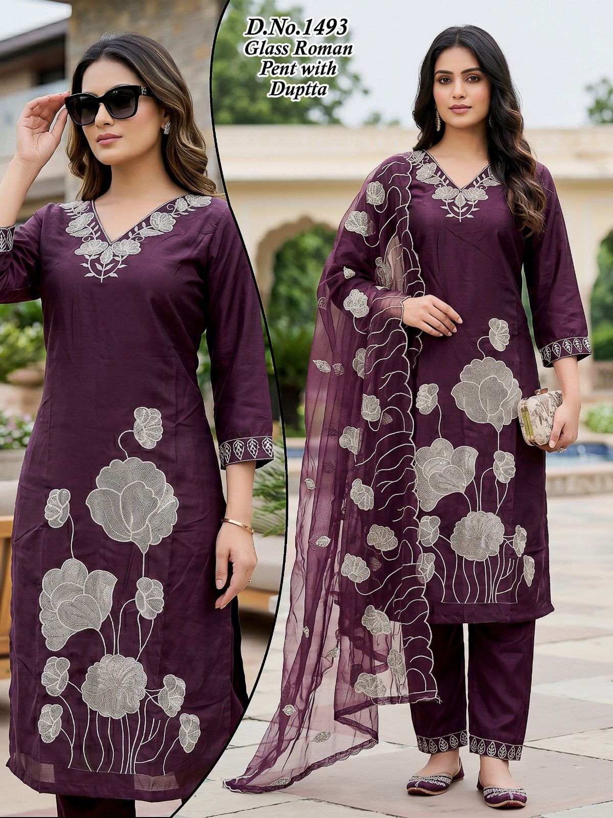 Women's Roman Silk Kurta Pant Set With Dupatta- 1493