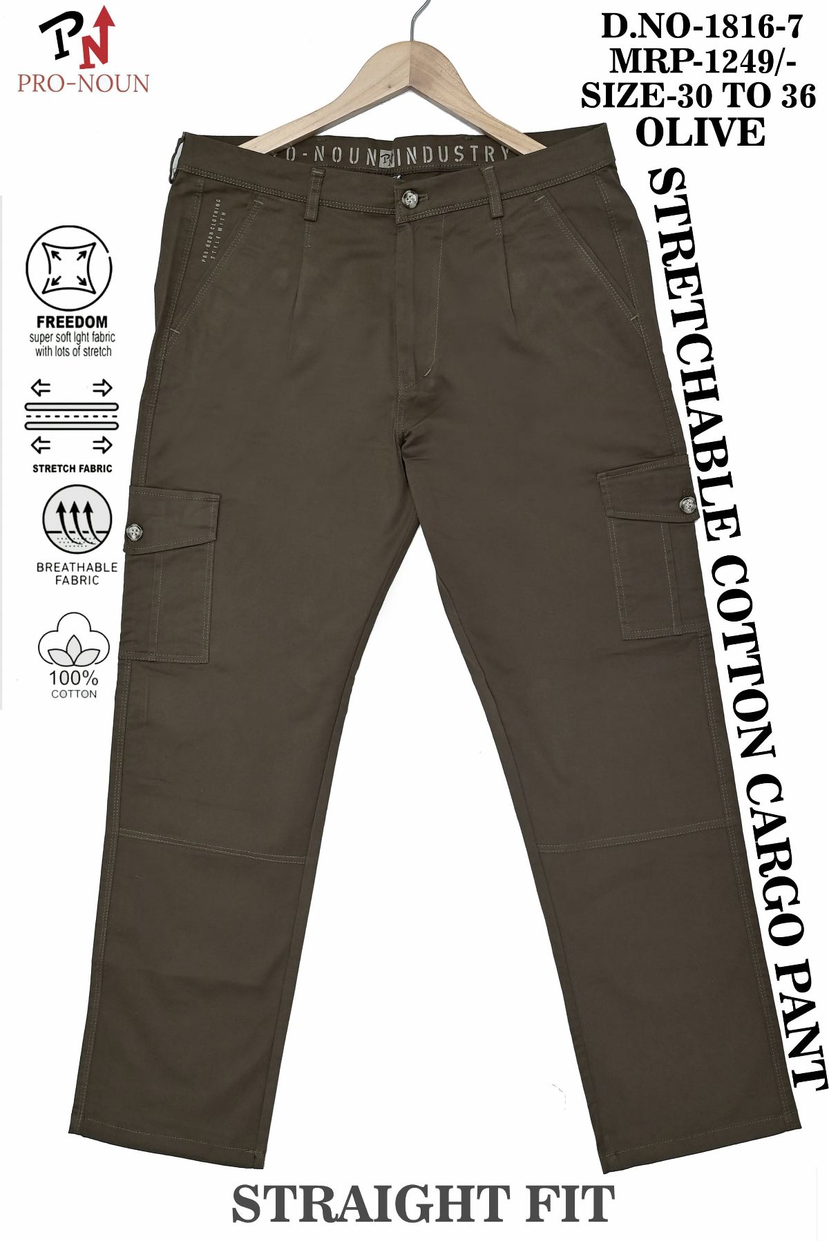 Pro-Noun Men's Straight Fit Cargo Pants D No- 1816 -Olive