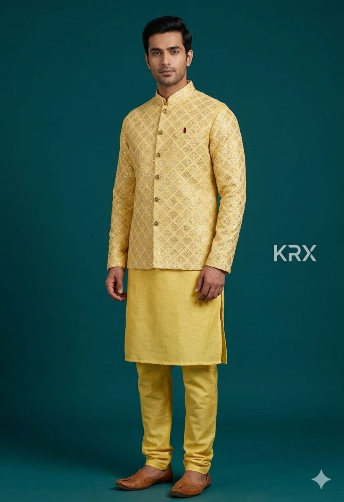 KRX Men's Heavy Kurta Pajama With Nawabi Jacket 3 Piece Set