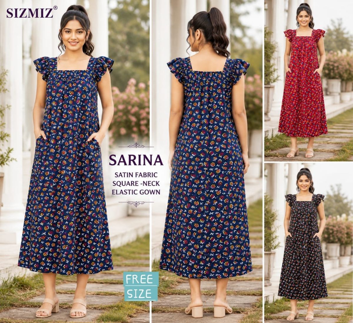 Sarina Women Satin Fabric Square Neck Night Gown -Free Size