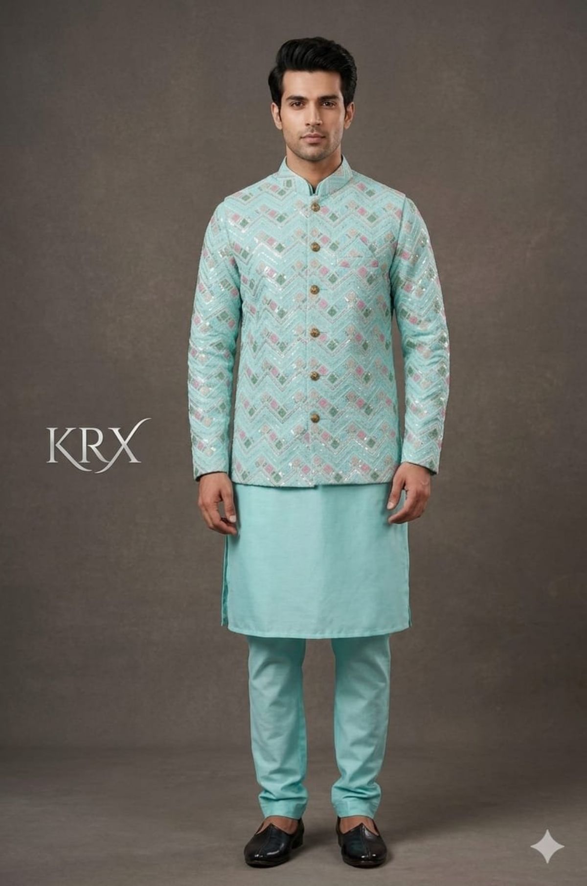 KRX Men's Heavy Kurta Pajama With Nawabi Jacket 3 Piece Set