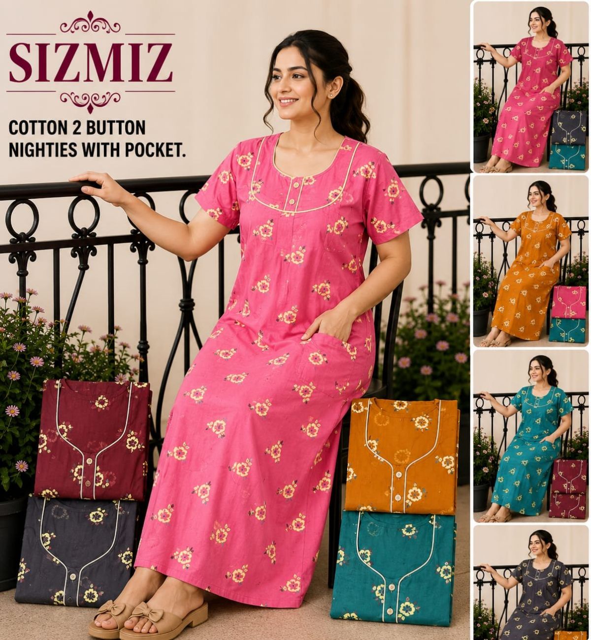 Women Pure Cotton Night Gown With Two Button Aaradhana