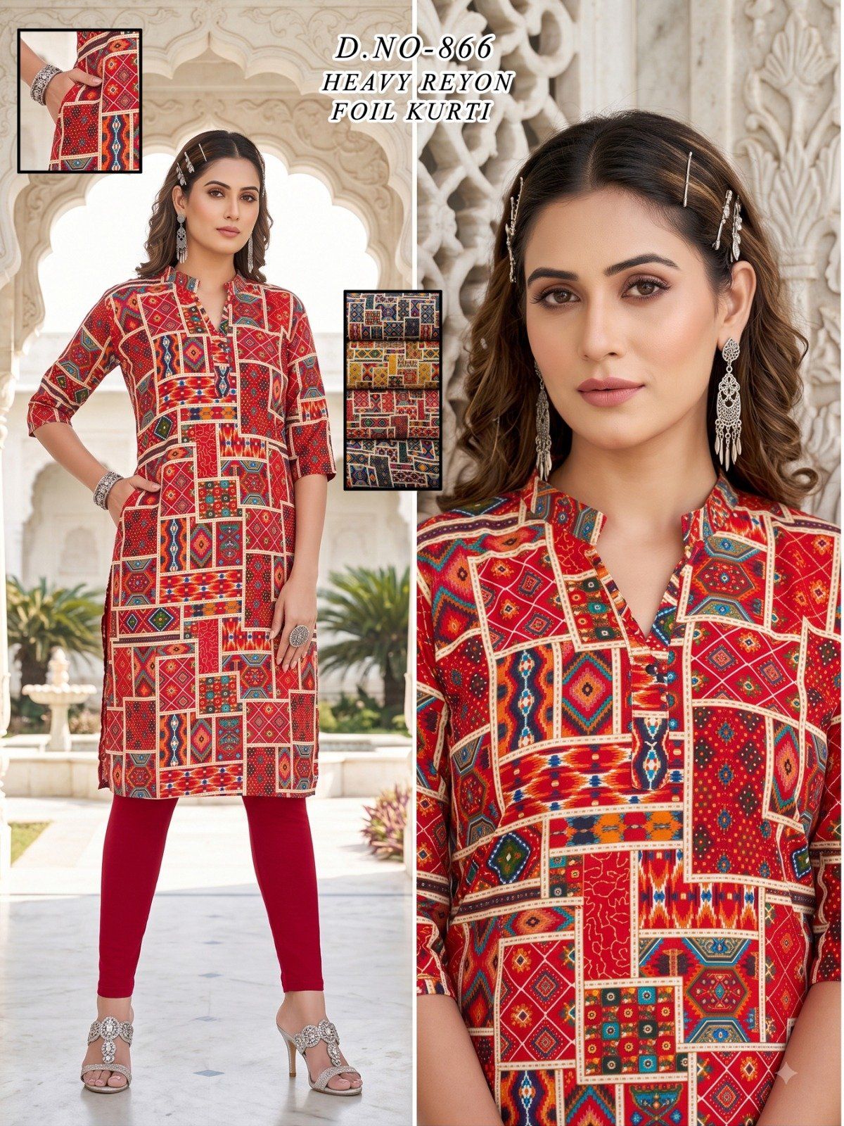 Women's Heavy Rayon Foil Kurti With Mobile Pocket -866