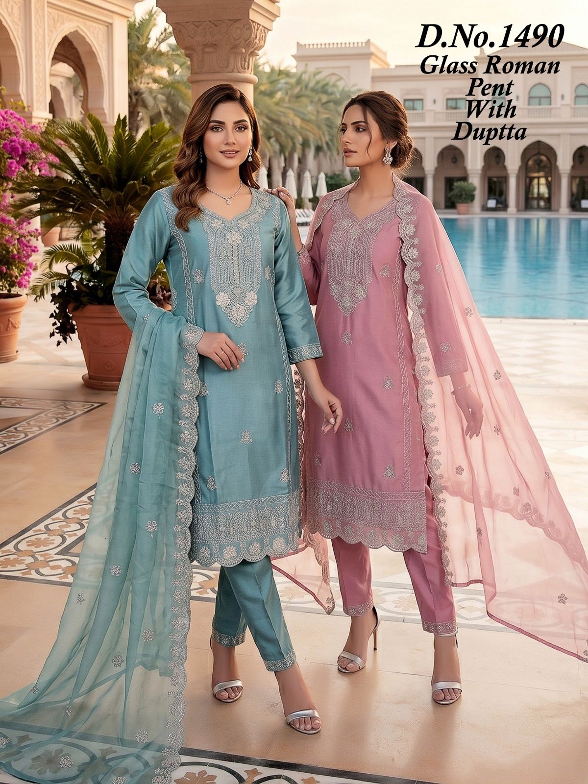 Women's Roman Silk Kurta Pant Set With Dupatta- 1490