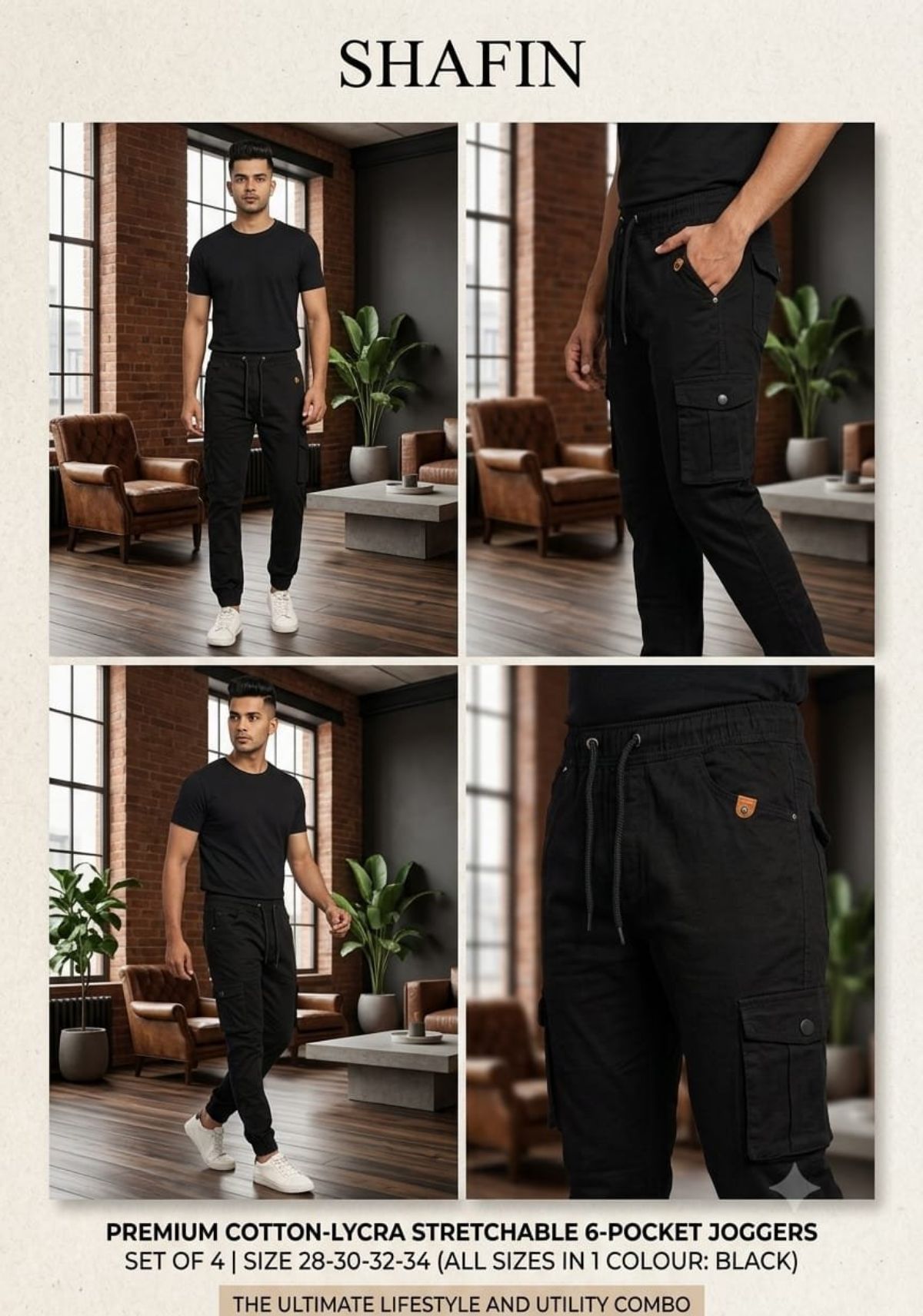 Shafin Men's Six Pockets Joggers Cargo