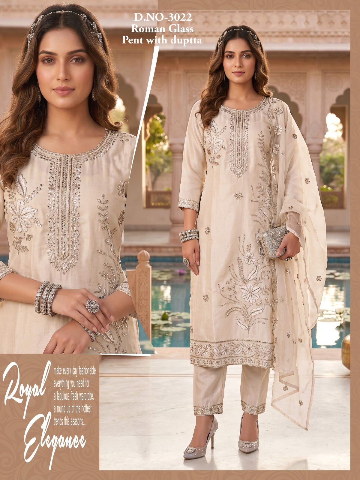Women's Roman Silk Kurta Pant Set With Dupatta- 3022