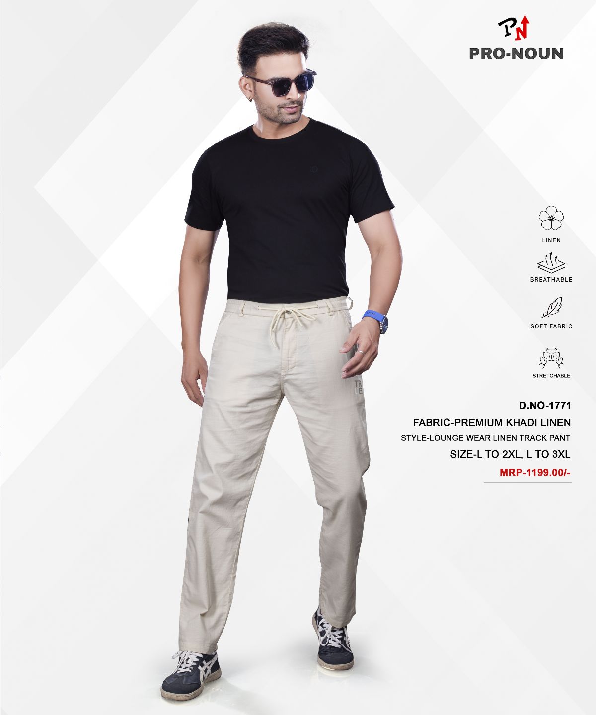 Pro-Noun Men's Lounge Wear Linen Trackpant- D No- 1771-Cream