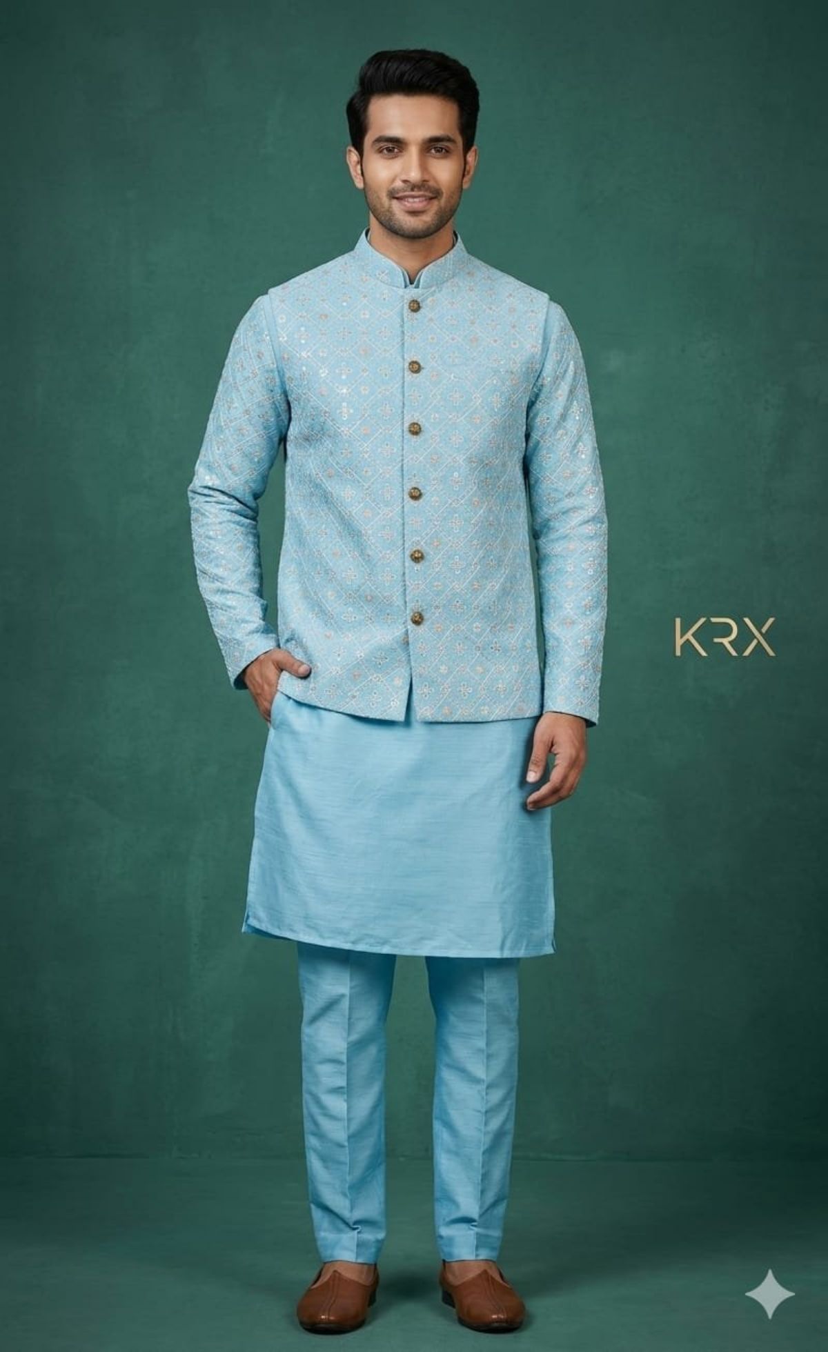KRX Men's Heavy Kurta Pajama With Nawabi Jacket 3 Piece Set