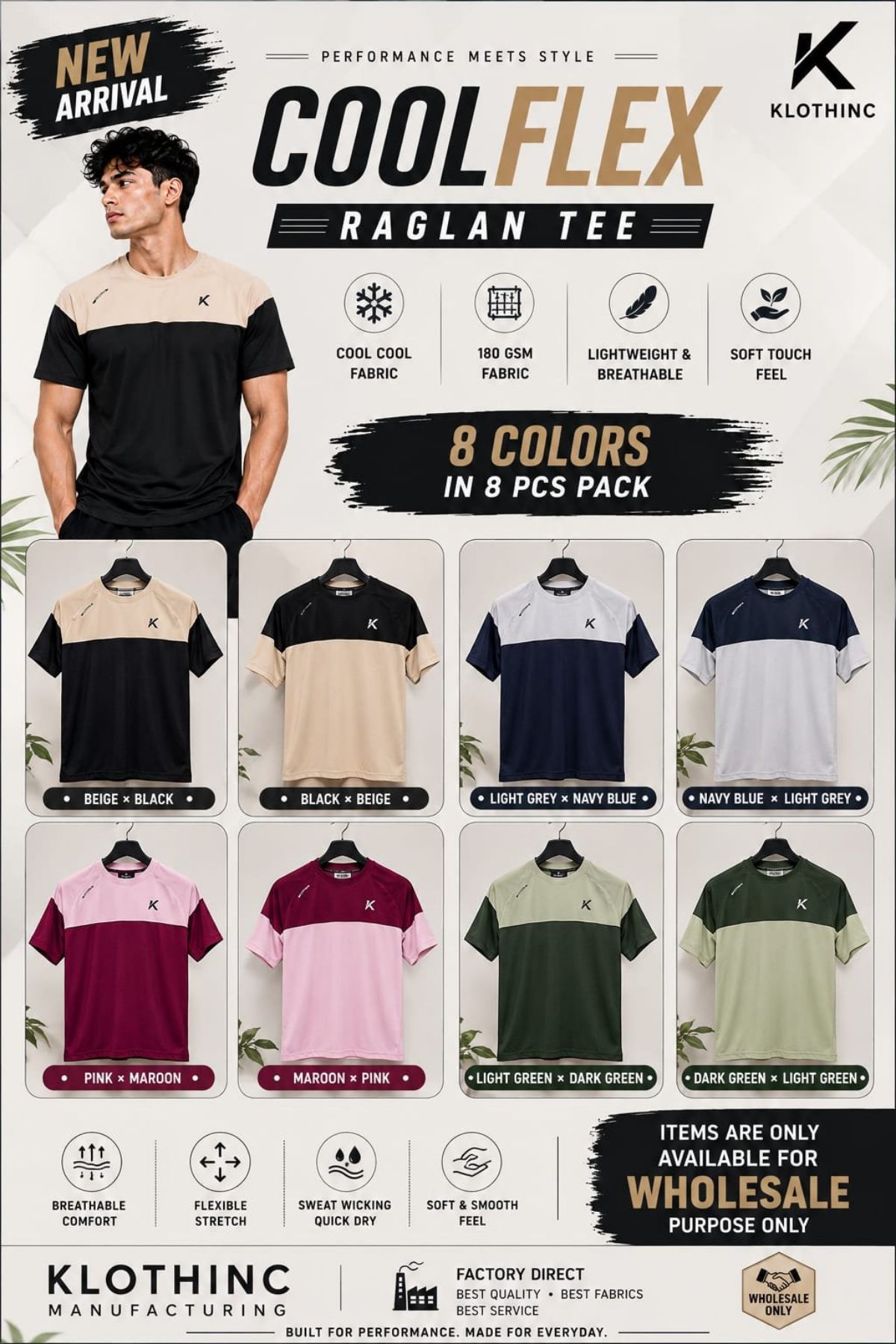 Klothnic Men's Coolflex Raglan T-shirts Set- (L)