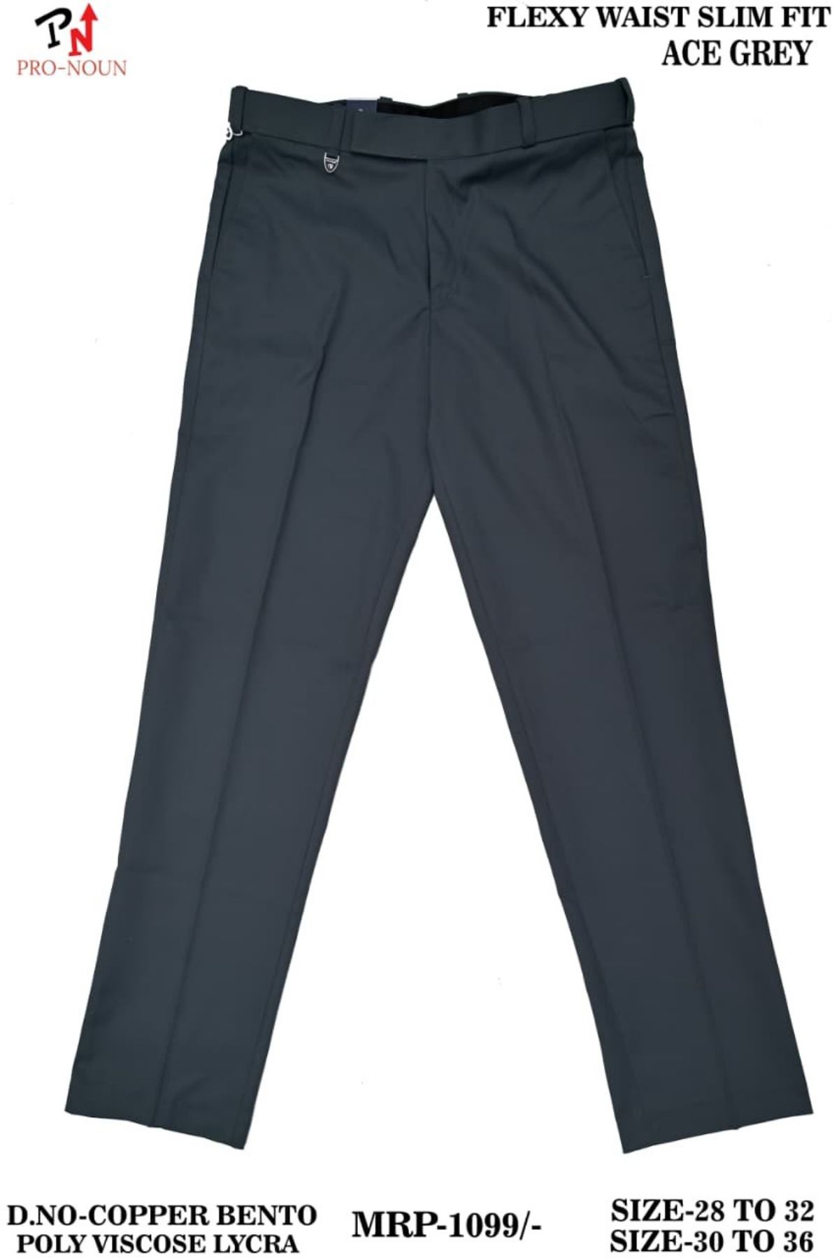 Pro-Noun Men's  Formal Trouser Pants With Adjustable belt D No- Copper Bento-(28-32)- Ace Grey