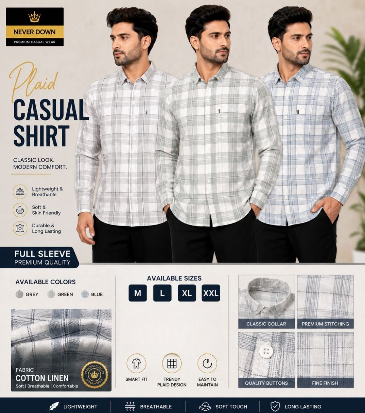 Never Down Men's Cotton Casual Shirts