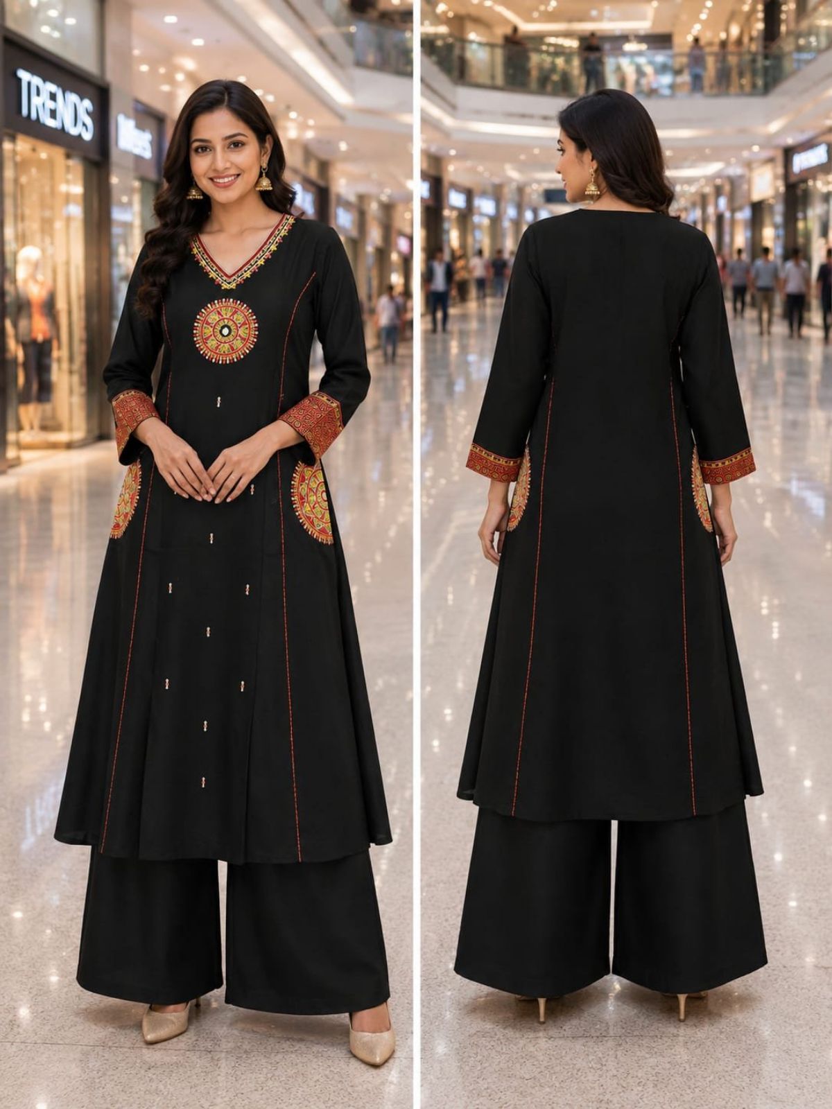 RC Women Long V-Neck Chakrada Black Two Piece Set