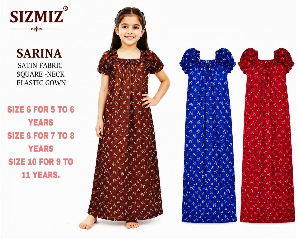 Sarina Satin Fabric Square Neck Night Gown For Kids-(10)