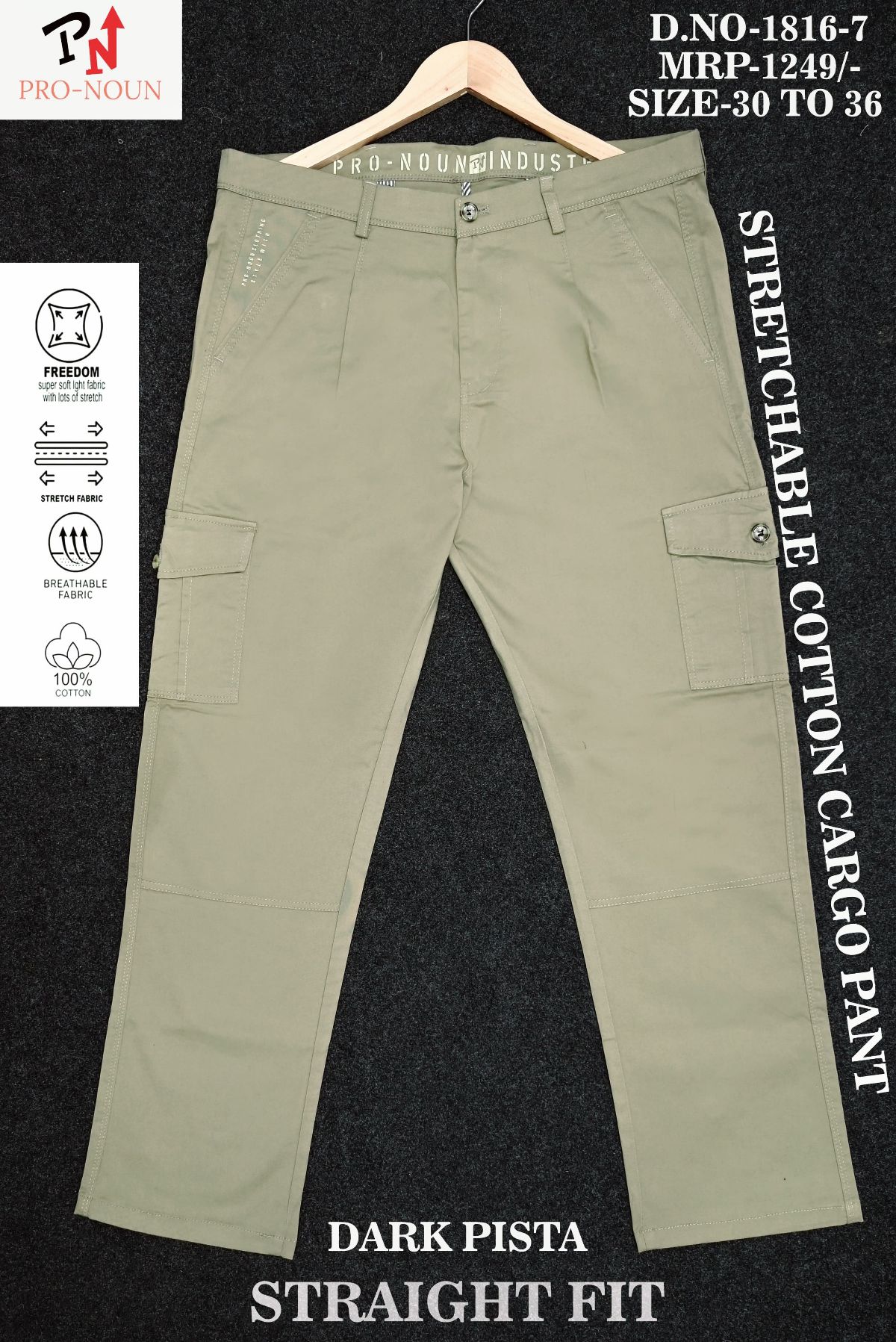 Pro-Noun Men's Straight Fit Cargo Pants D No- 1816 -Dark Pista