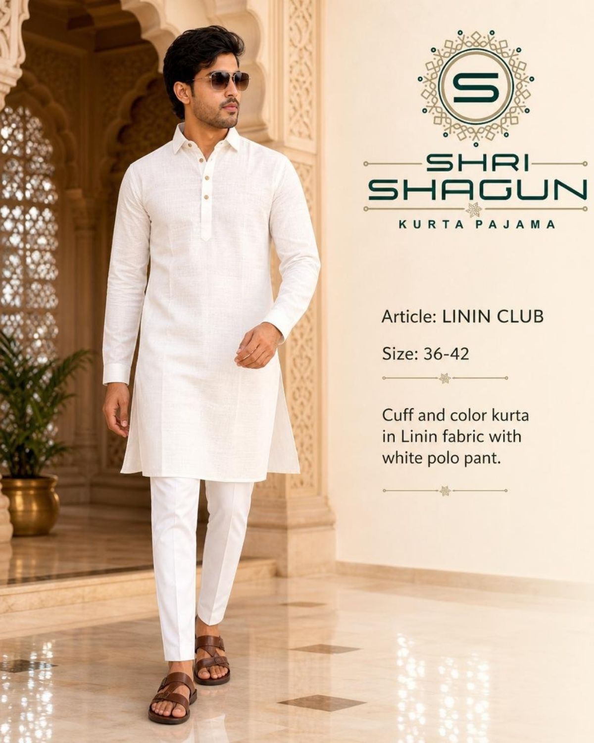 Linen Cotton Kurta Cuff Collar With Polo Pant-Linin Club