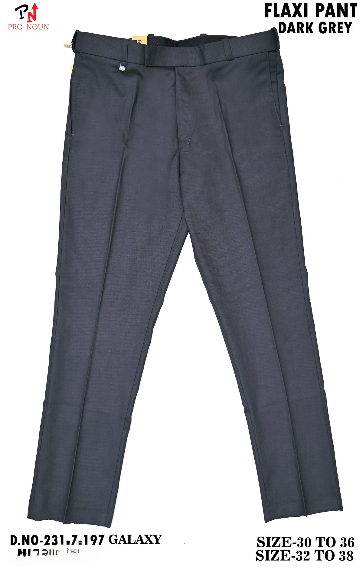 Pro-Noun Men's  Formal Trouser Pants With Adjustable belt D No- Galaxy 231-7-197 (32-38)- Dark Grey