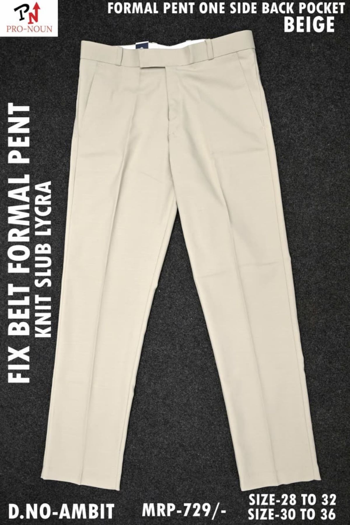Pro-Noun Men's Formal Pants with One Side Pocket & fix belt D No- Ambit (28-32)