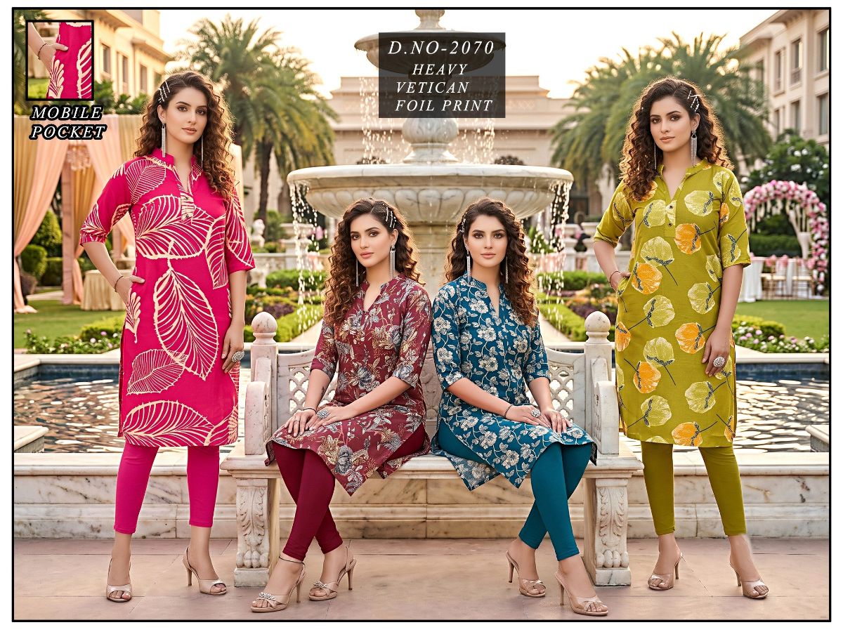Women's Vetican Print State Colour Round Neck Kurti -2070