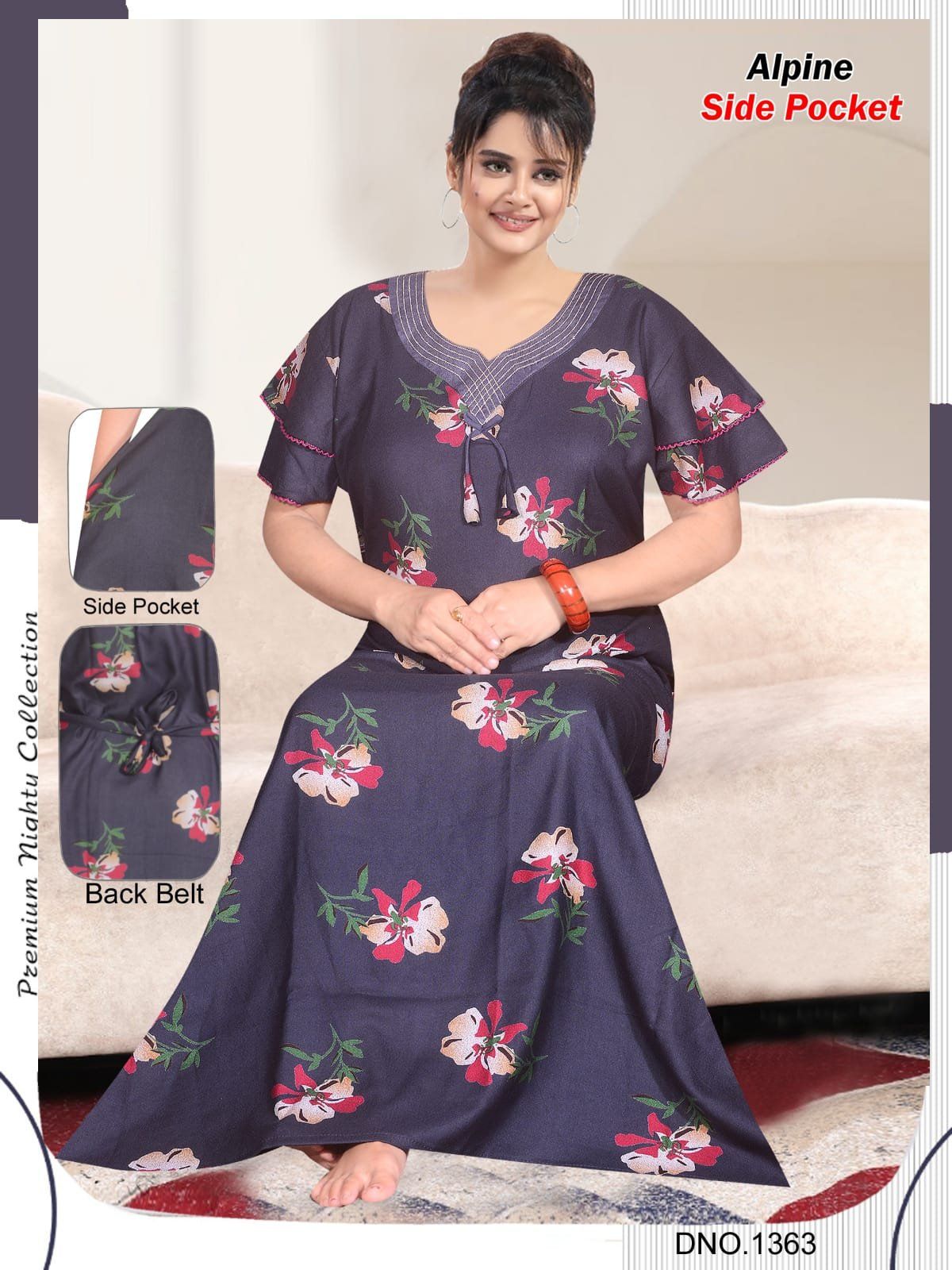 Women Alpine Premium Nighties Fancy Pattern Double Sleeve