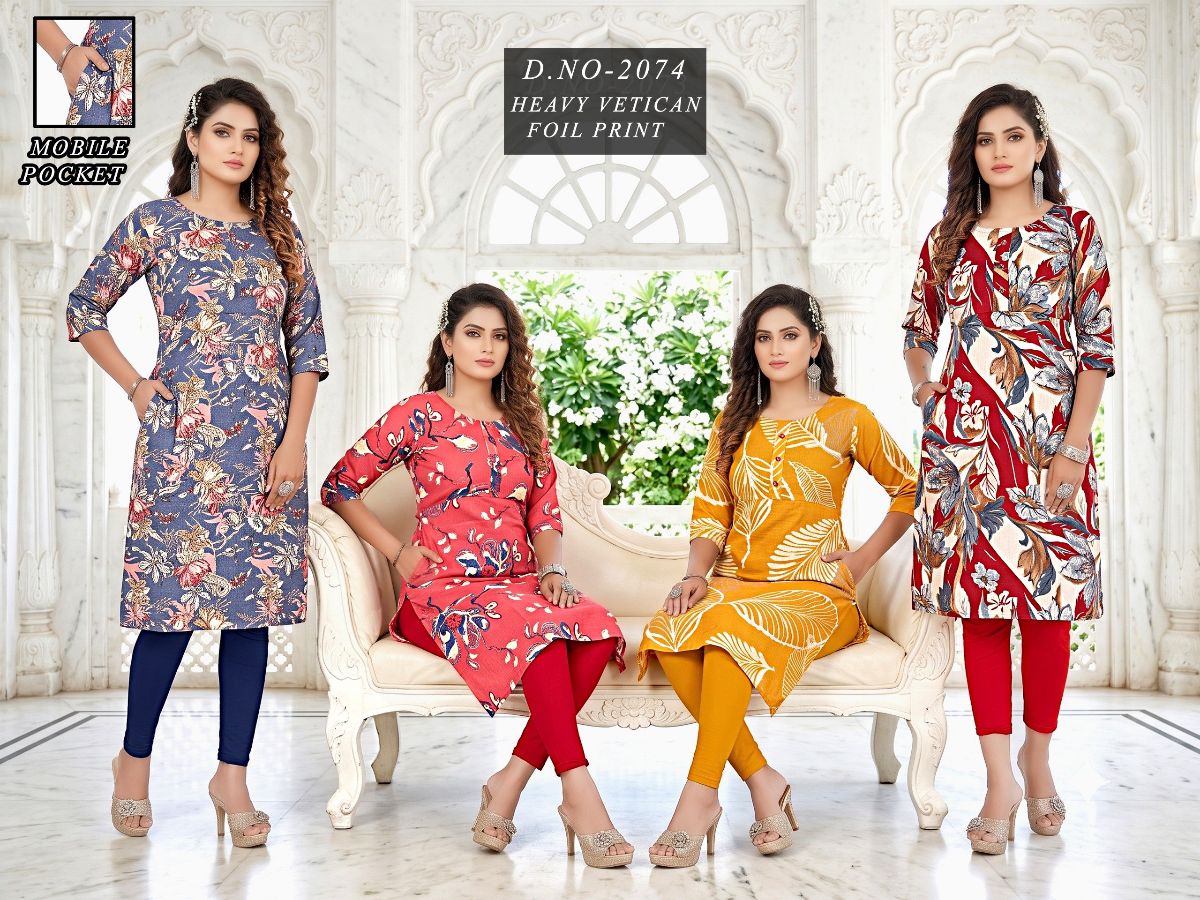 Women's Vetican Print State Colour Round Neck Kurti -2074