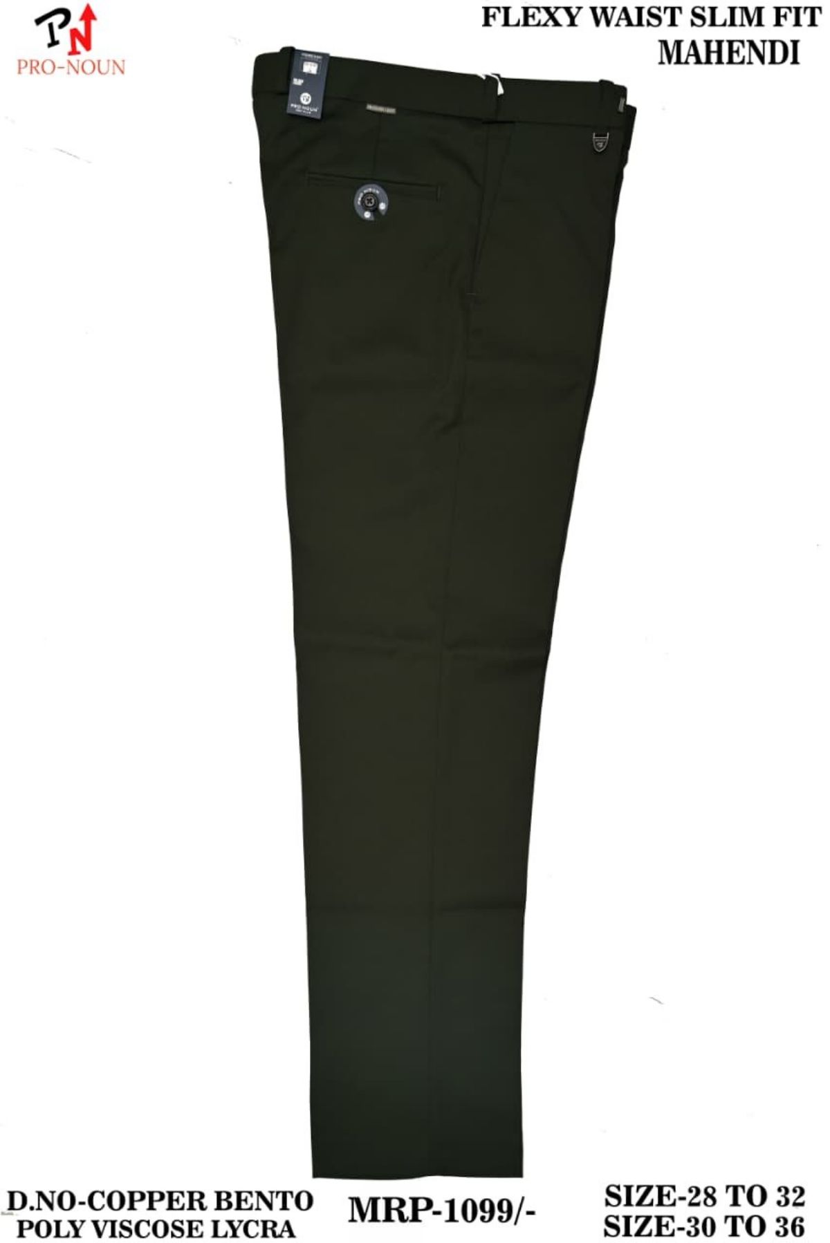 Pro-Noun Men's  Formal Trouser Pants With Adjustable belt D No- Copper Bento-(28-32)- Mehndi