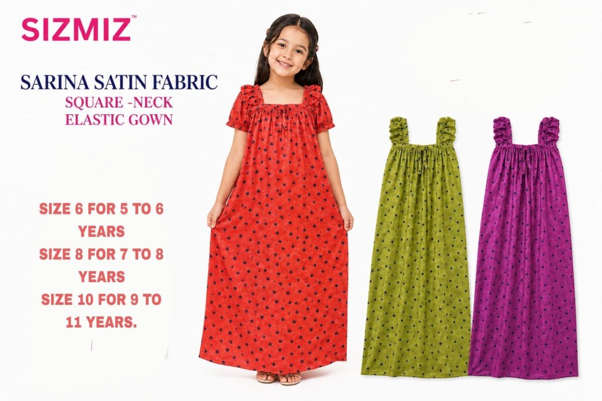 Sarina Satin Fabric Square Neck Night Gown For Kids-(10)