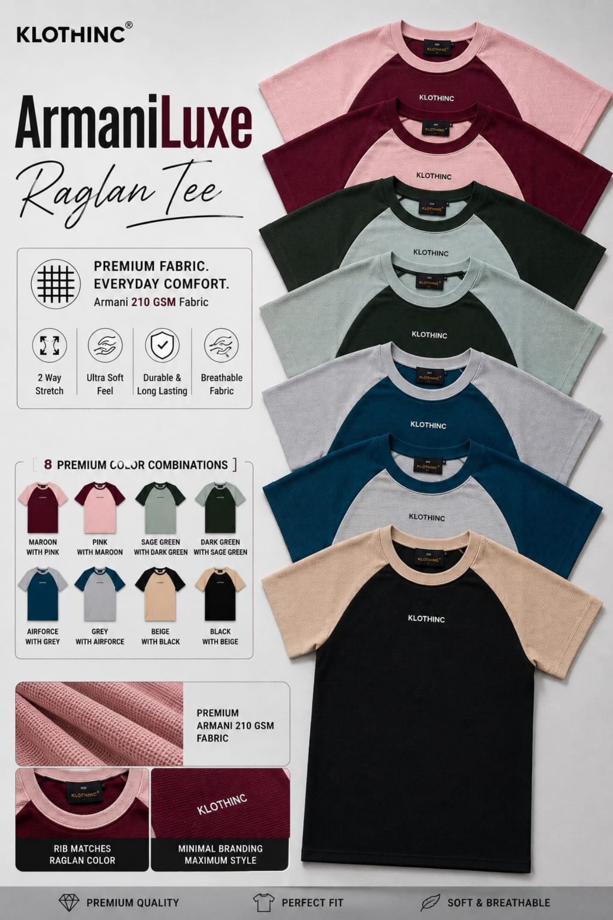 Klothnic Men's Premium Round Neck Armani Luxe Raglan Tee- (2XL)