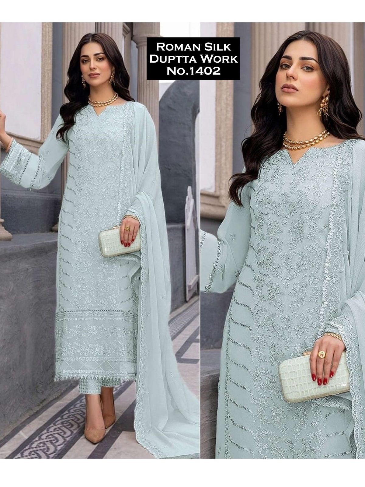 Women's Roman Silk Kurta Pant Set With Dupatta- 1402