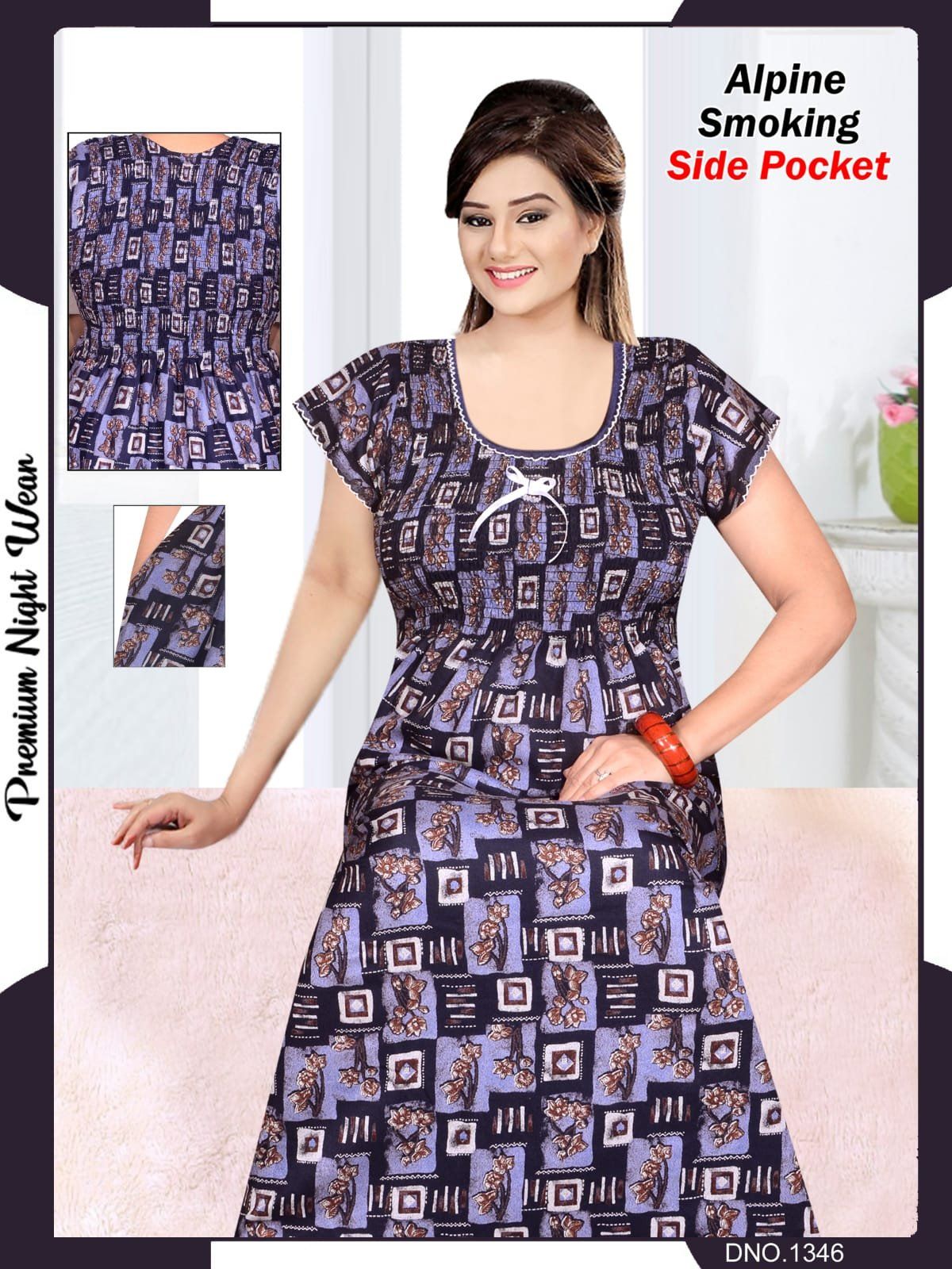 Women's Alpine Premium Nighties Fancy Smoky Pattern with side pocket