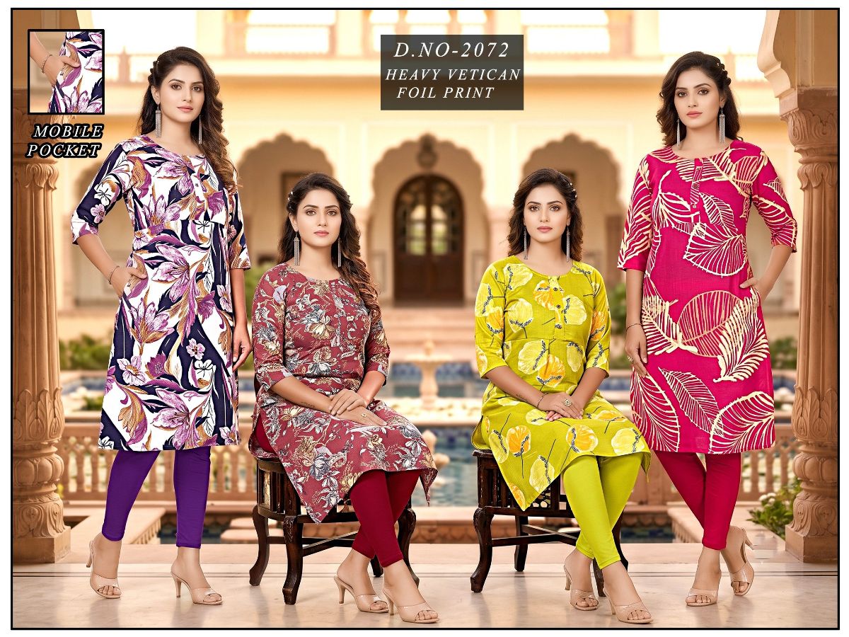 Women's Vetican Print State Colour Round Neck Kurti -2072