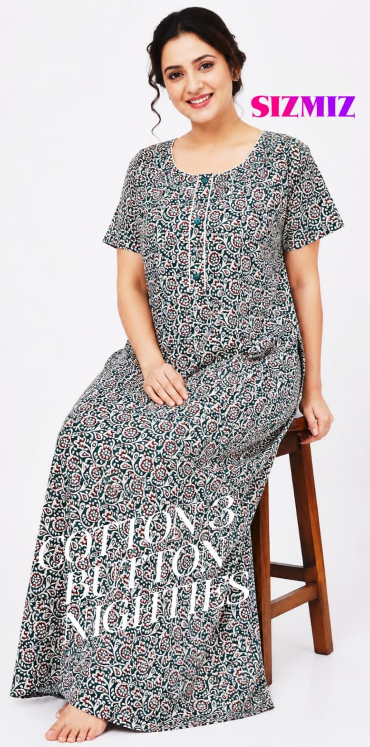 Women Poly Cotton Night Gown With Three Button