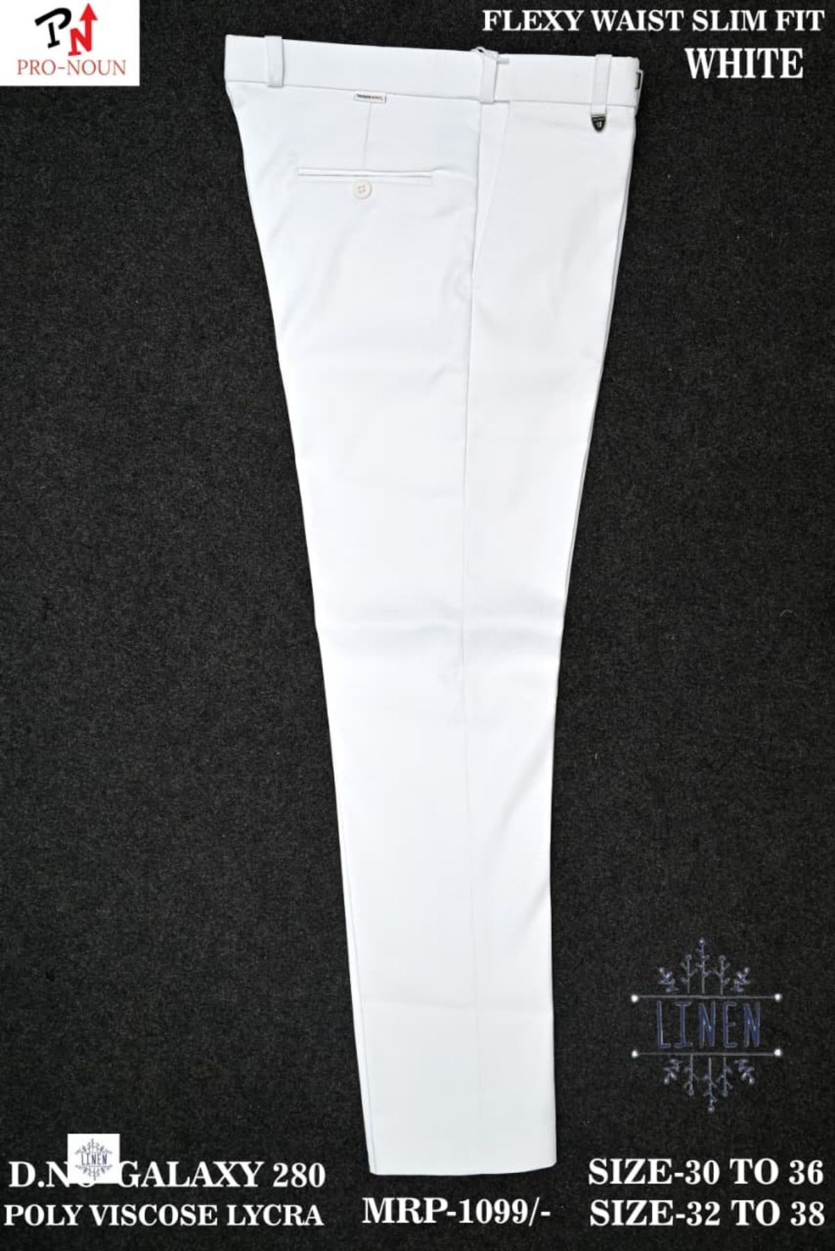 Pro-Noun Men's  Formal Trouser Pants With Adjustable belt D No- Galaxy-280-(32-38)- White