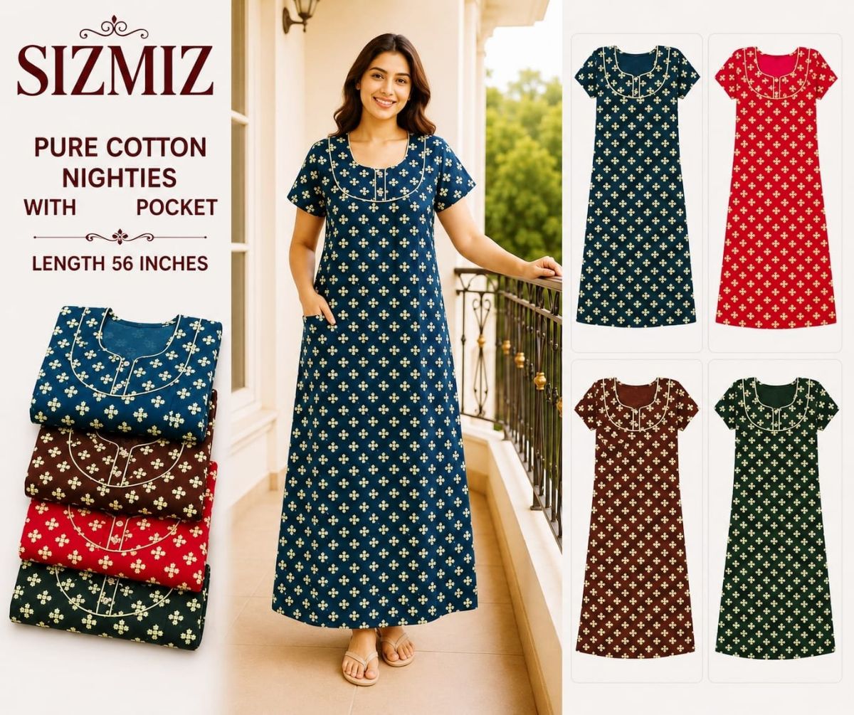 Women Pure Cotton Night Gown with pocket -Free Size