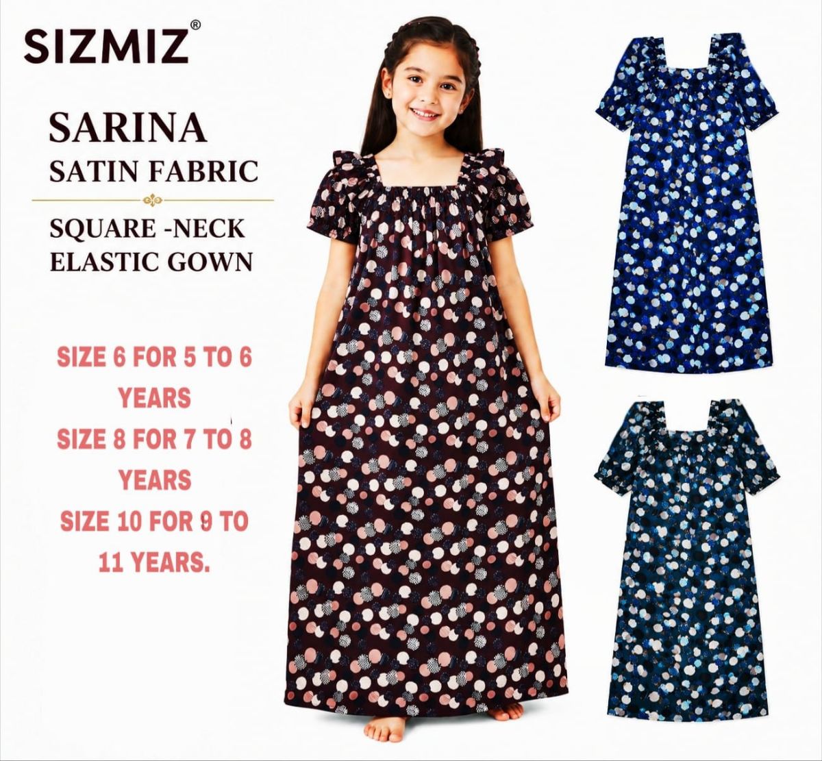Sarina Satin Fabric Square Neck Night Gown For Kids-(6)