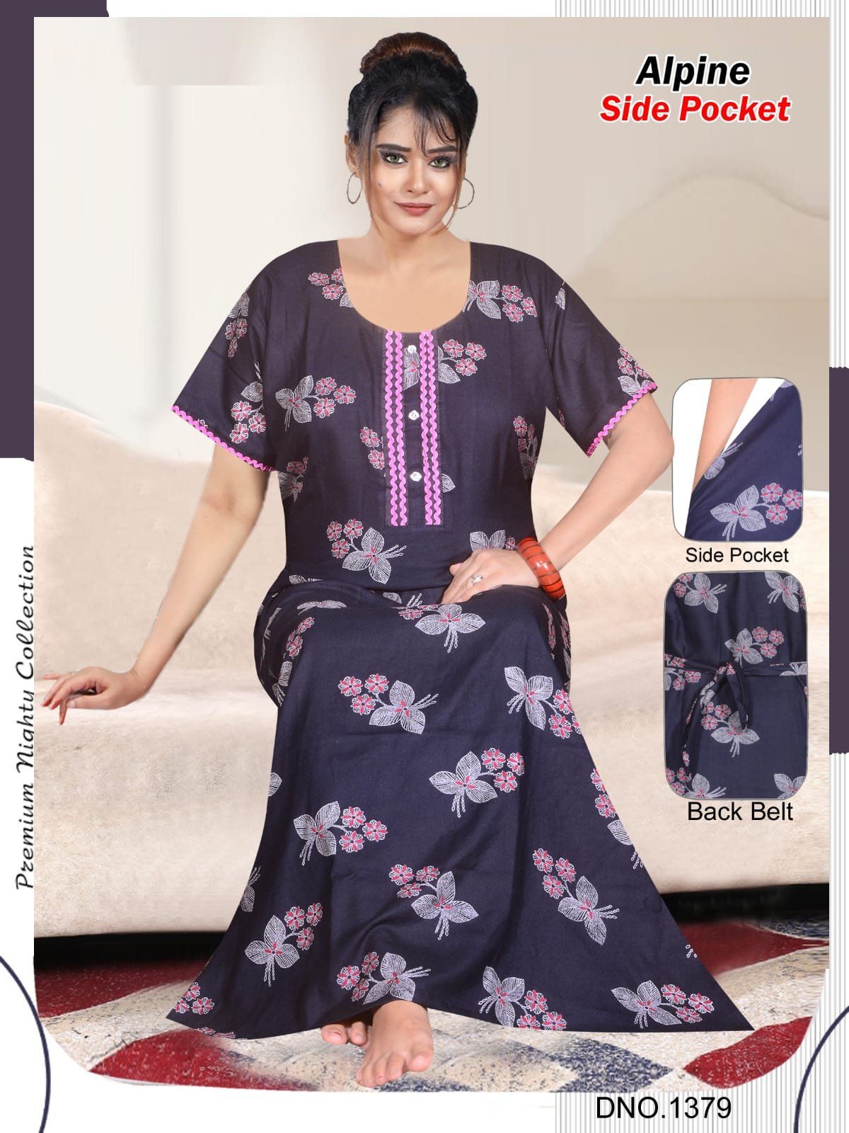 Women Alpine Premium Nighties Fancy Pattern Double Sleeve