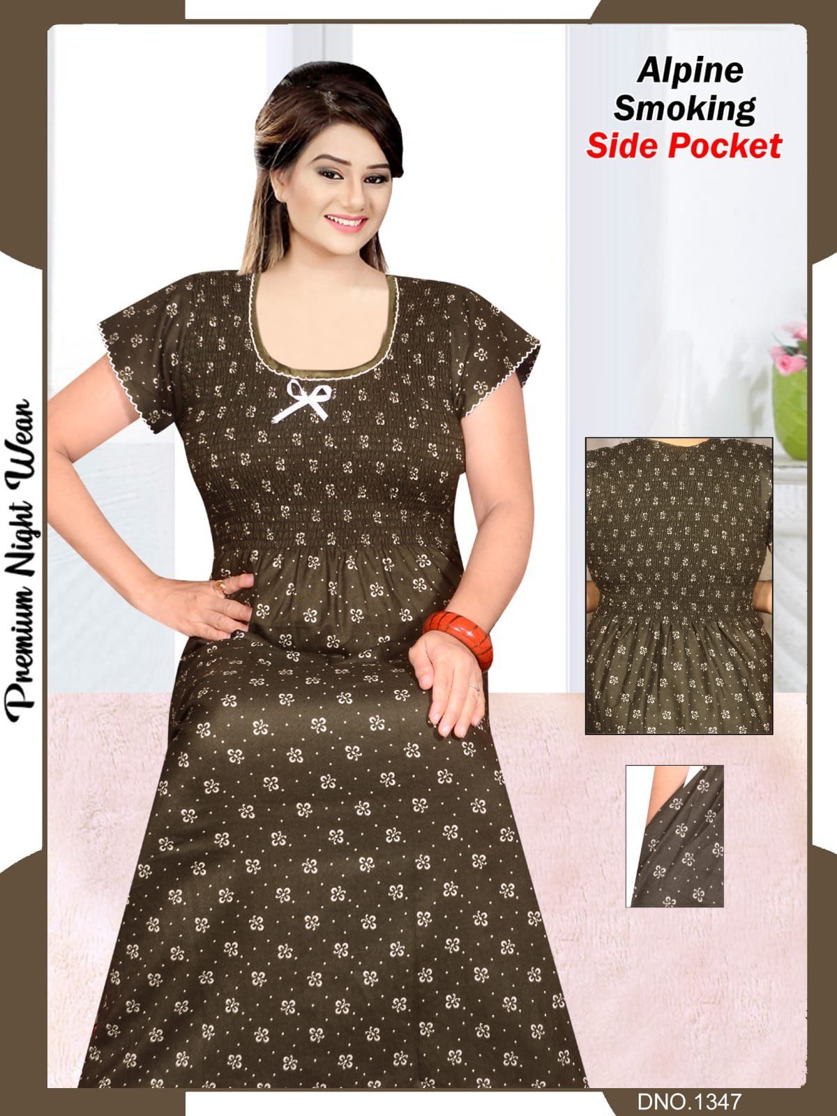 Women's Alpine Premium Nighties Fancy Smoky Pattern with side pocket