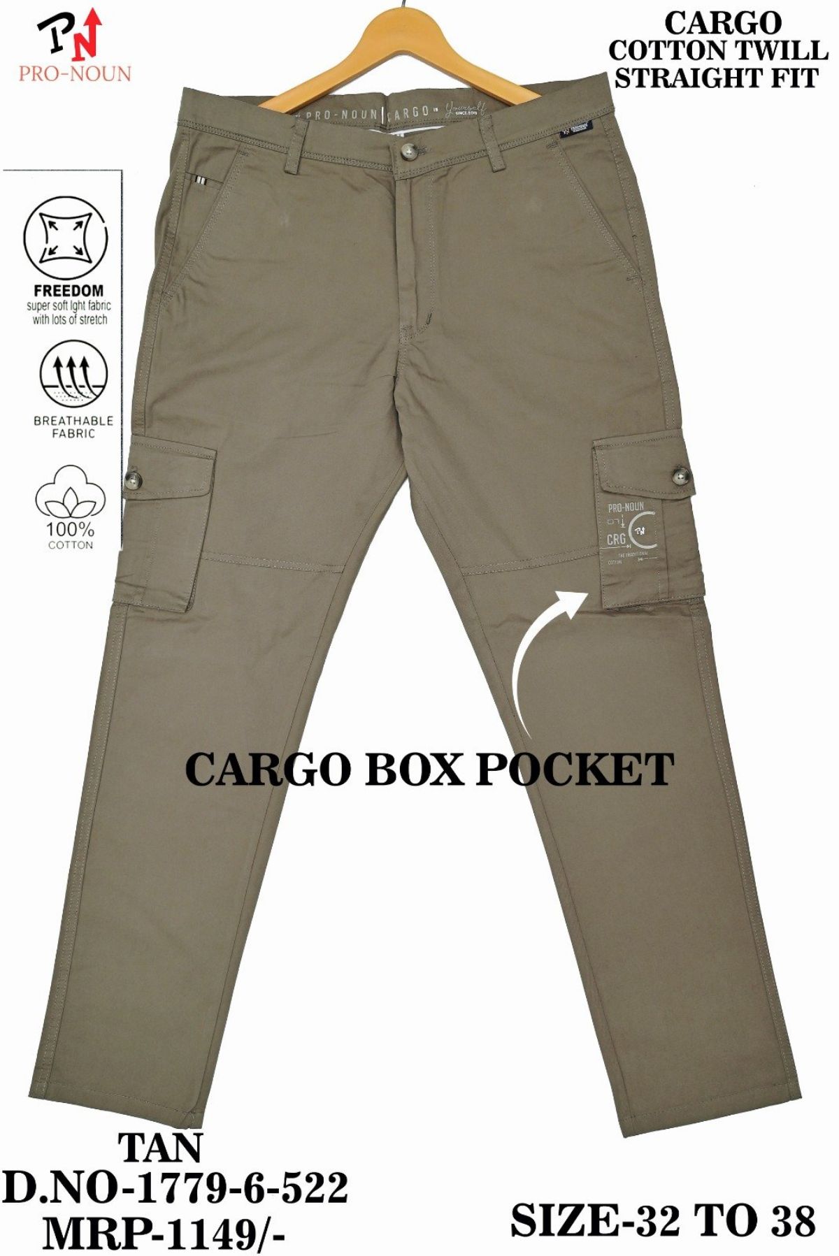 Pro-Noun Men's Straight Fit Cargo Pants D No- 1779- Tan
