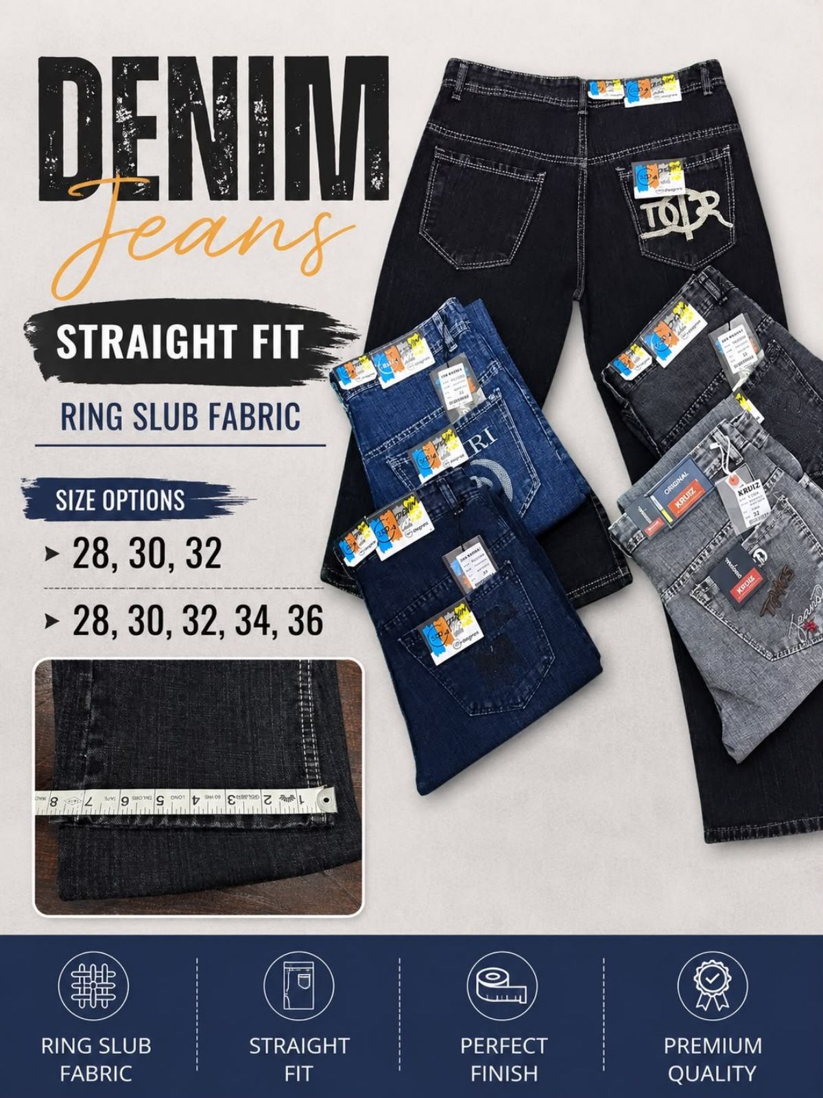 VBC Men's Premium Quality Baggy Jeans- Ring Slub Denim (34-36)